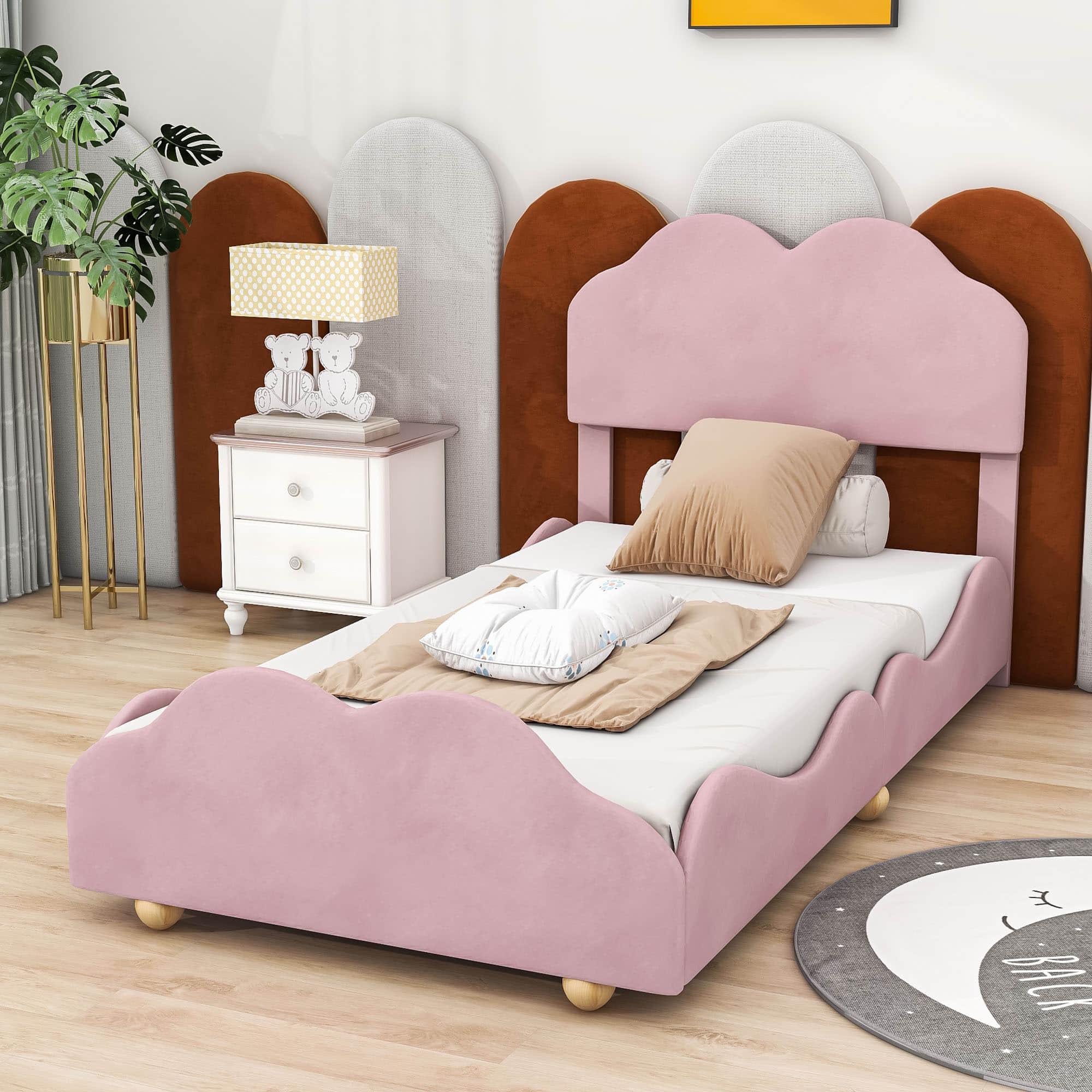 Twin Upholstered Princess Platform Bed Frame with Headboard for Girls