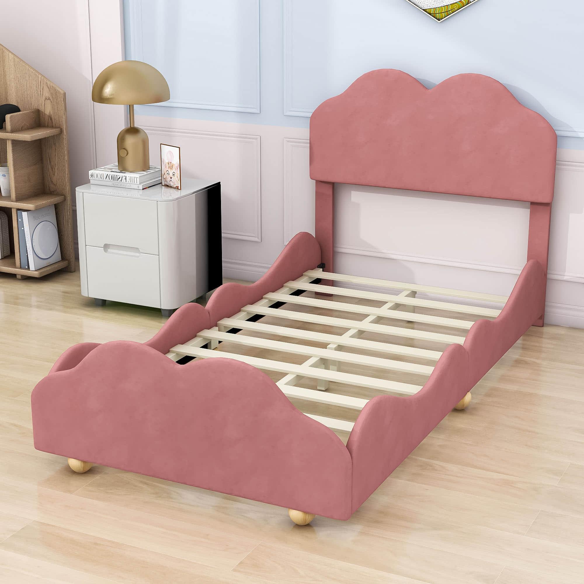 Twin Upholstered Princess Platform Bed Frame with Headboard for Girls