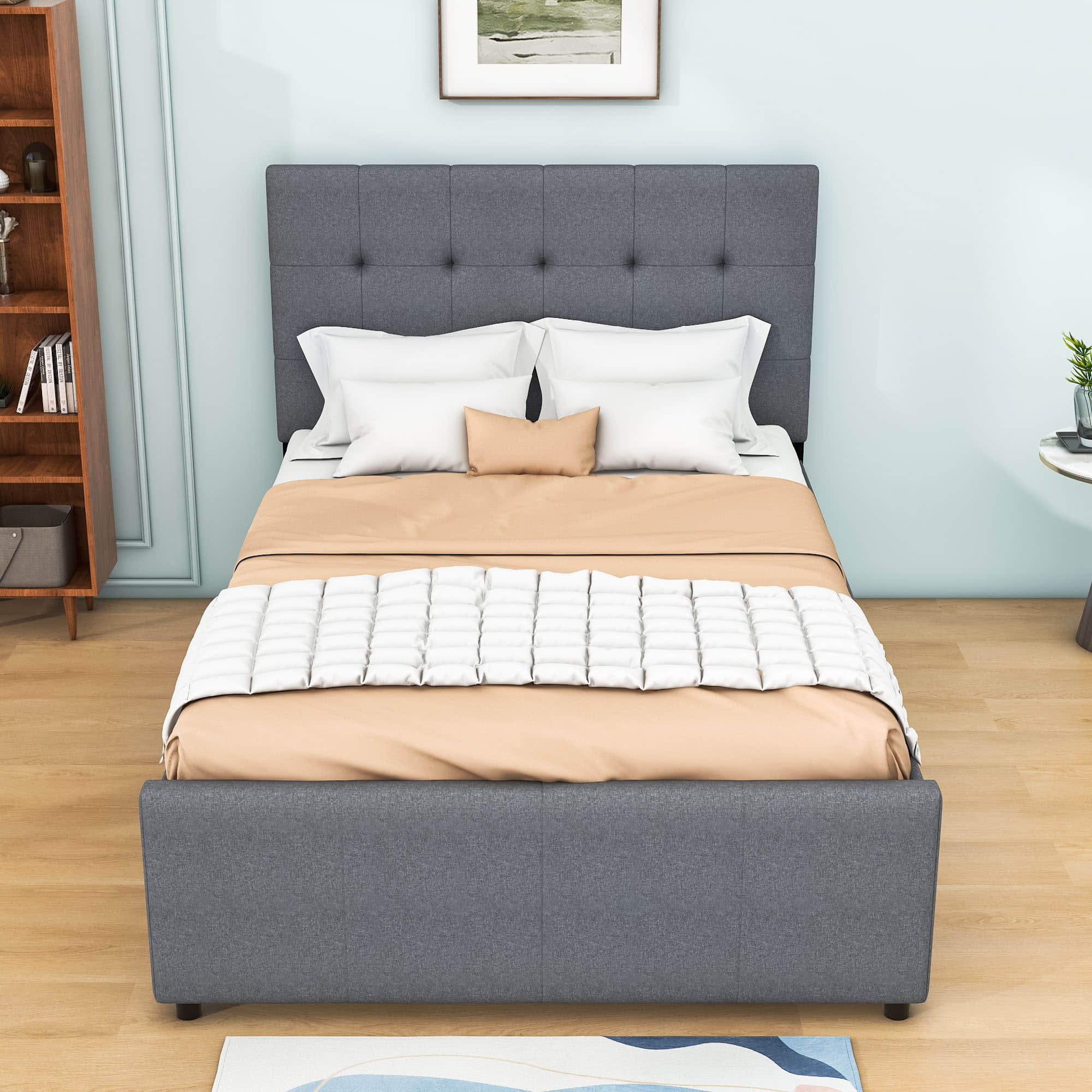 Full Size Linen Upholstered Platform Bed with Storage and Headboard - [Drawers]