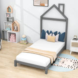 Wood Twin Size Low Platform Bed with House-shaped Headboard