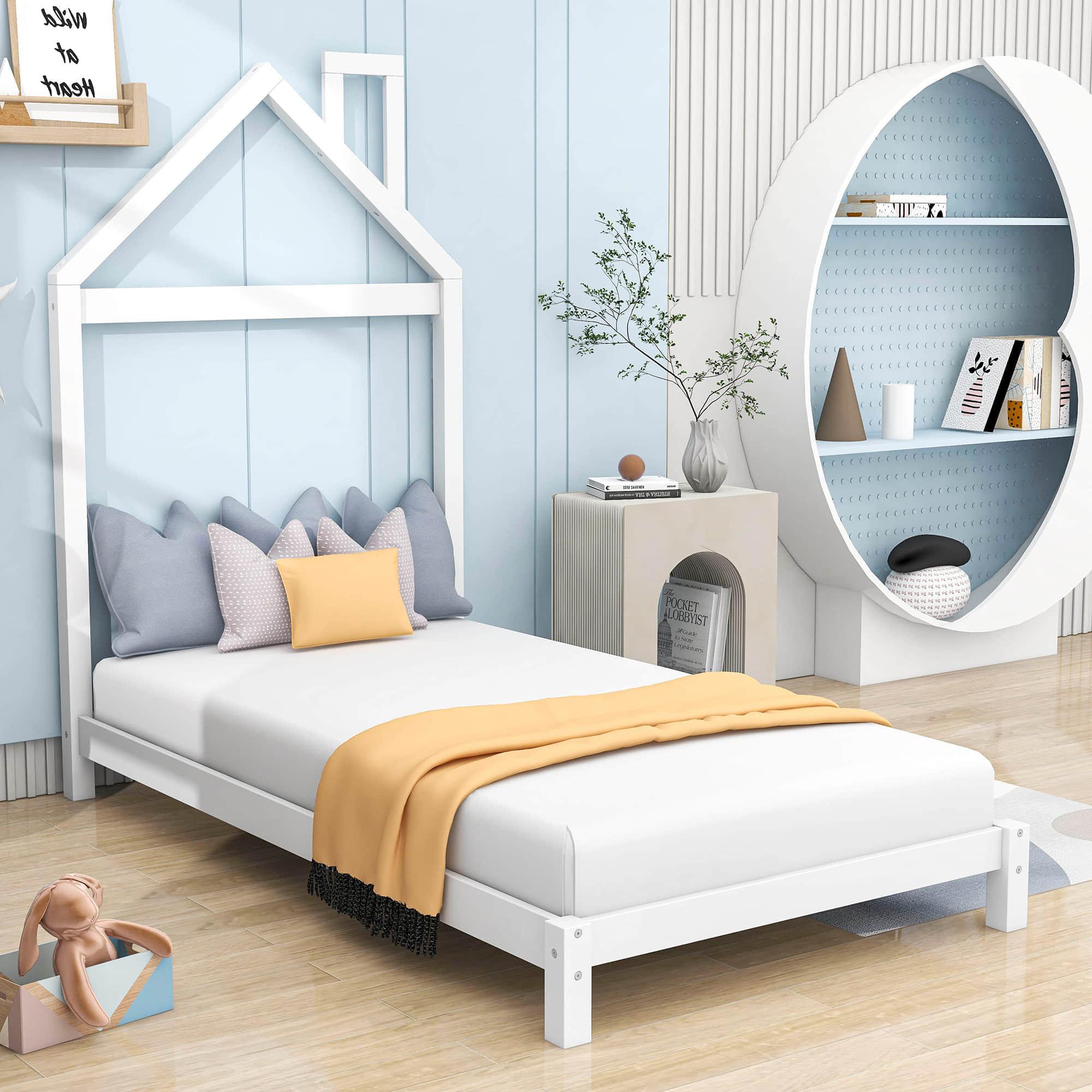 Wood Twin Size Low Platform Bed with House-shaped Headboard