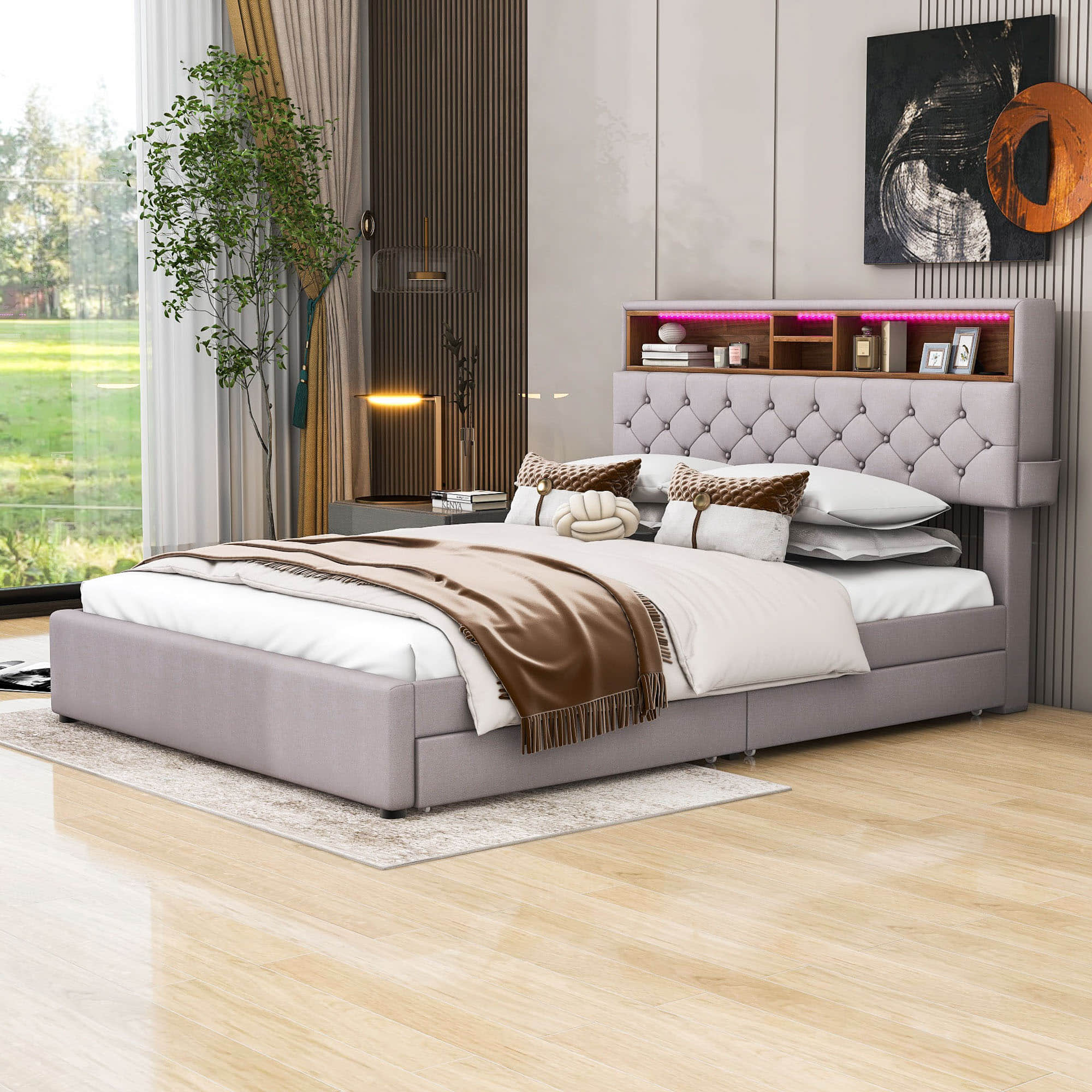 Modern Smart Queen Upholstered Bed Frame with Storage Headboard, LED Lights