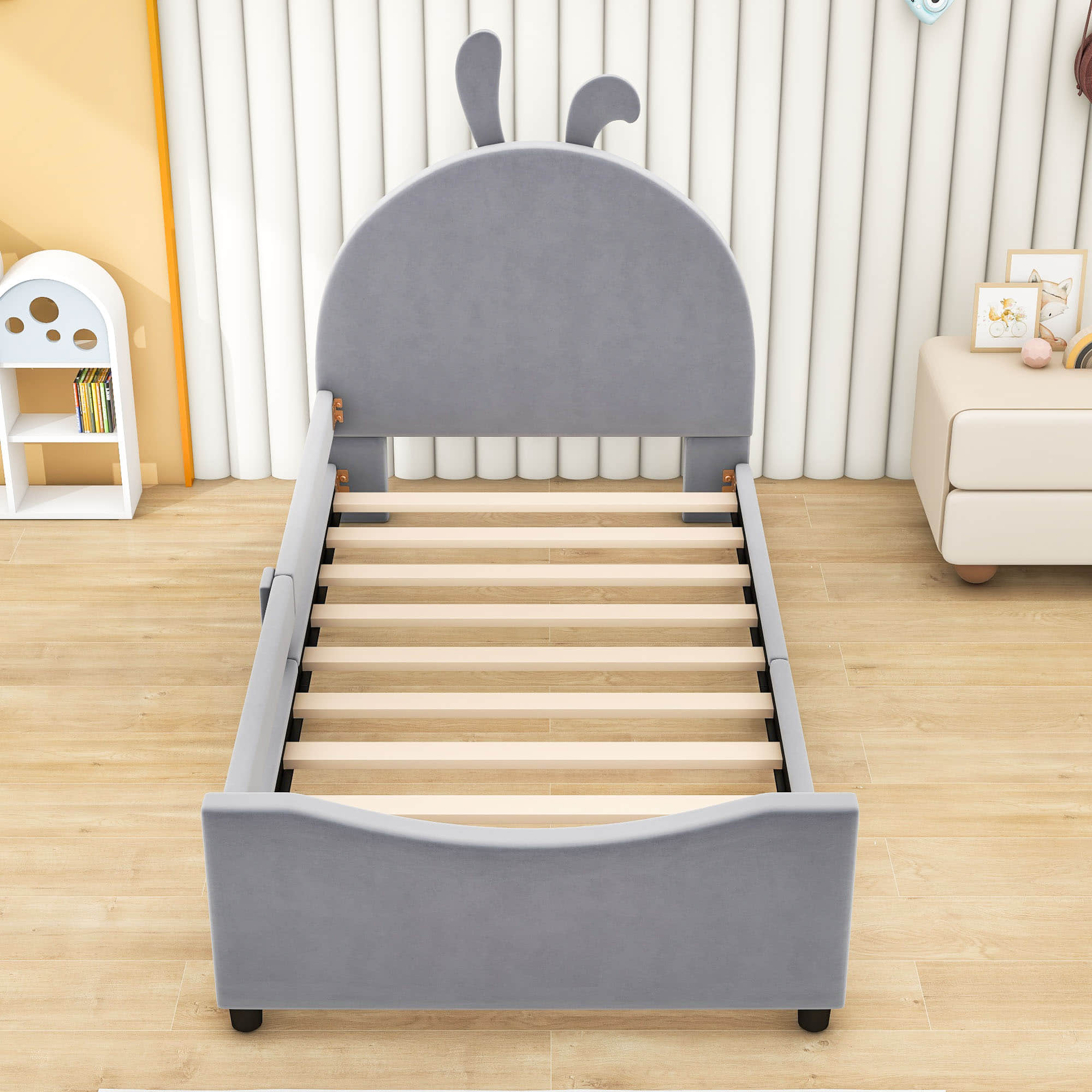 Cute Twin Size Low Profile Upholstered Toddler Bed with Rails