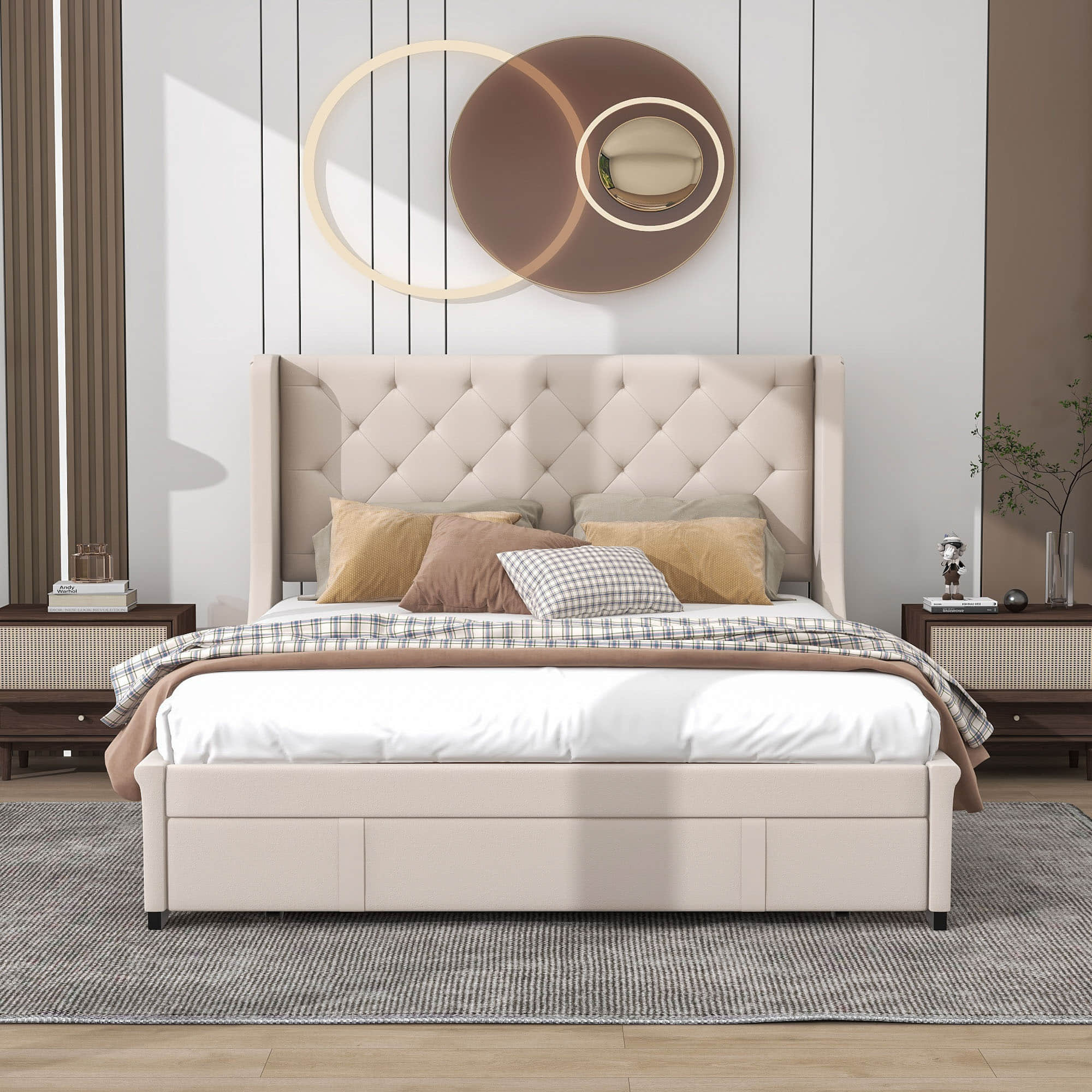 Queen Upholstered Bed Frame with Wingback Headboard and Storage