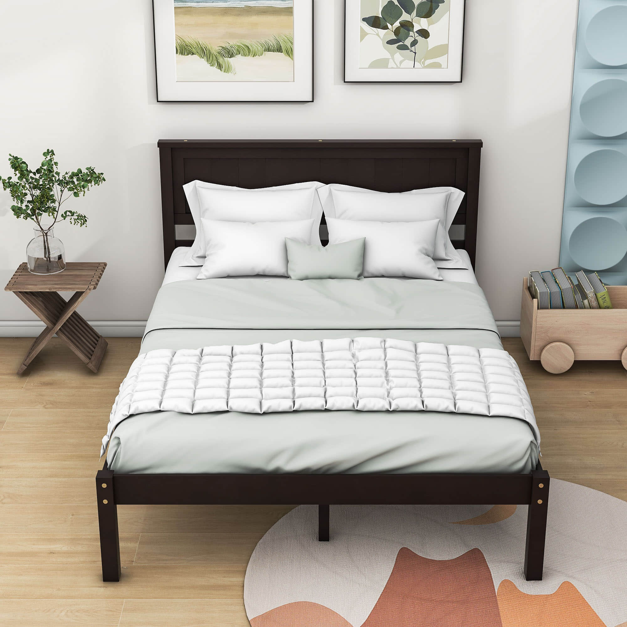 Wood Full Size Vintage Platform Bed Frame with Headboard