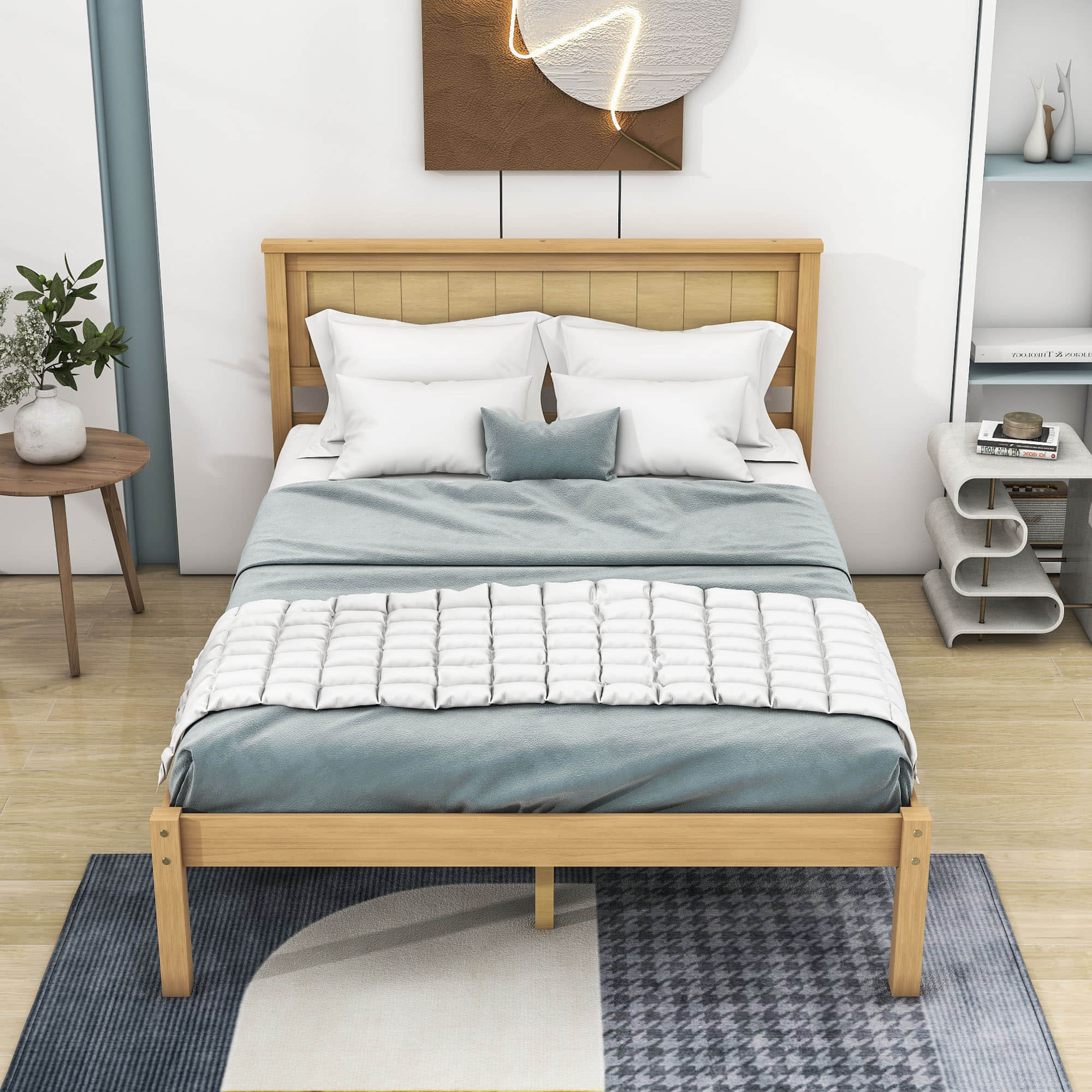 Wood Full Size Vintage Platform Bed Frame with Headboard