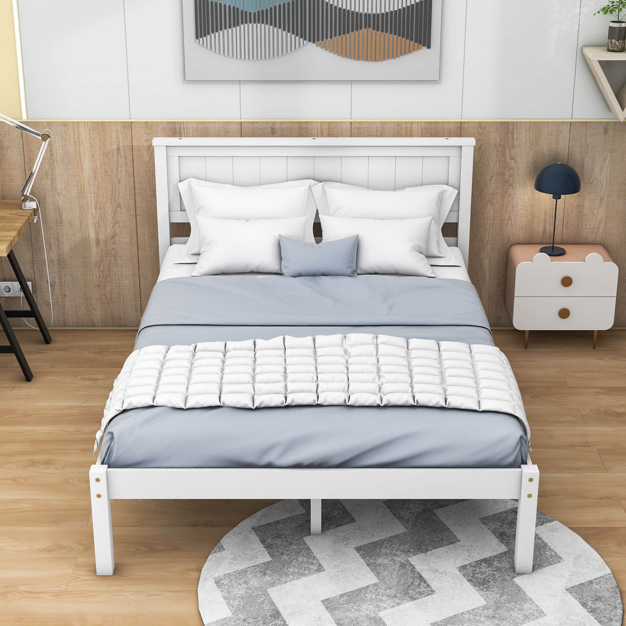 Wood Full Size Vintage Platform Bed Frame with Headboard