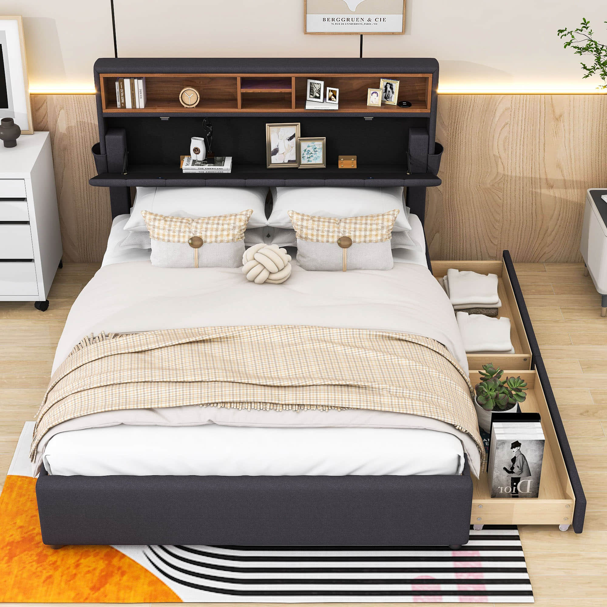 Modern Smart Queen Upholstered Bed Frame with Storage Headboard, LED Lights