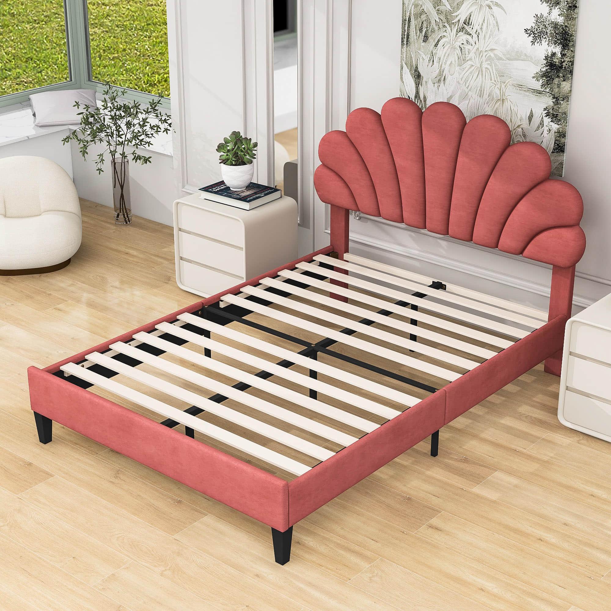 Modern Full Size Velvet Upholstered Platform Bed Frame with Headboard