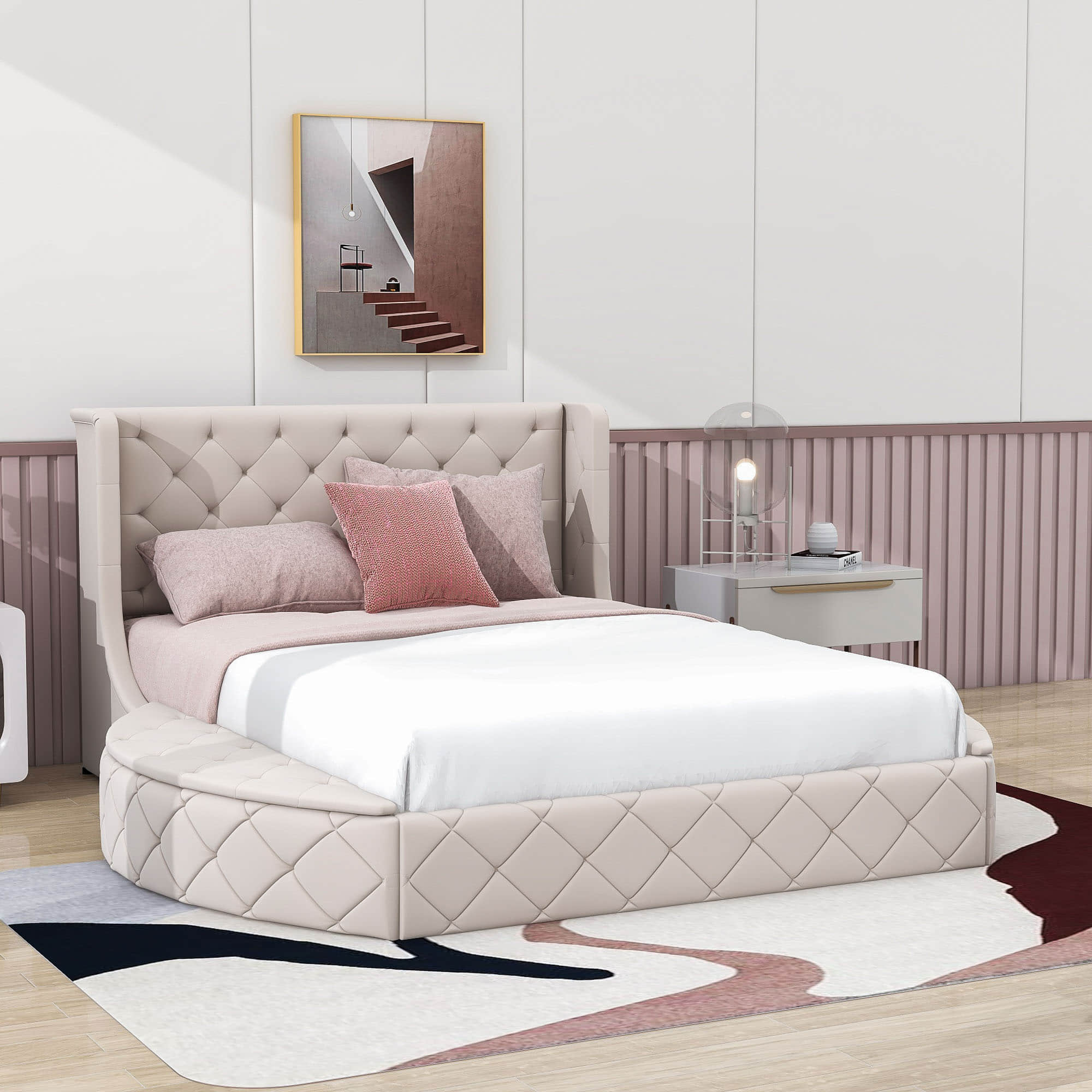 Upholstered Queen Platform Bed Frame with Wingback Headboard and Storage