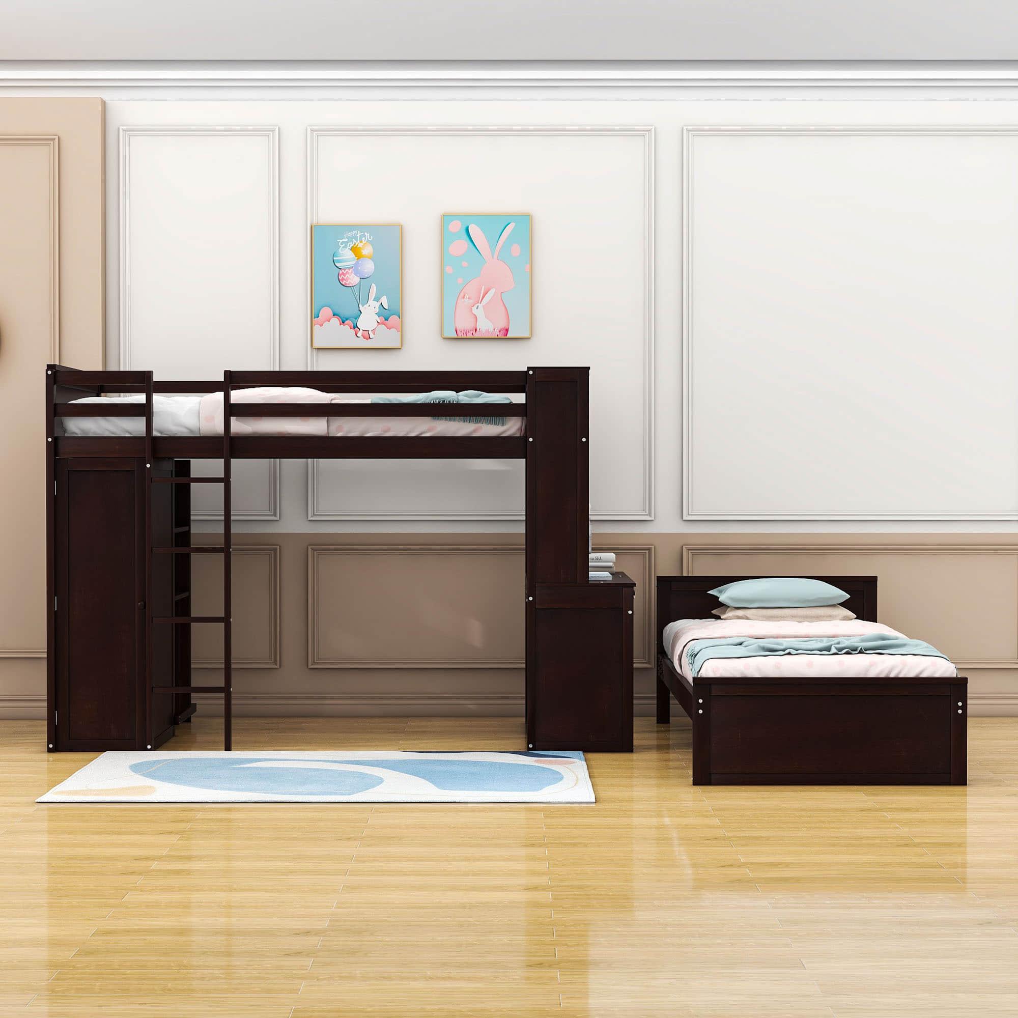 L-Shaped Twin Over Twin Bunk Beds with Desk and Storage - [Wooden, Drawers, Wardrobe]