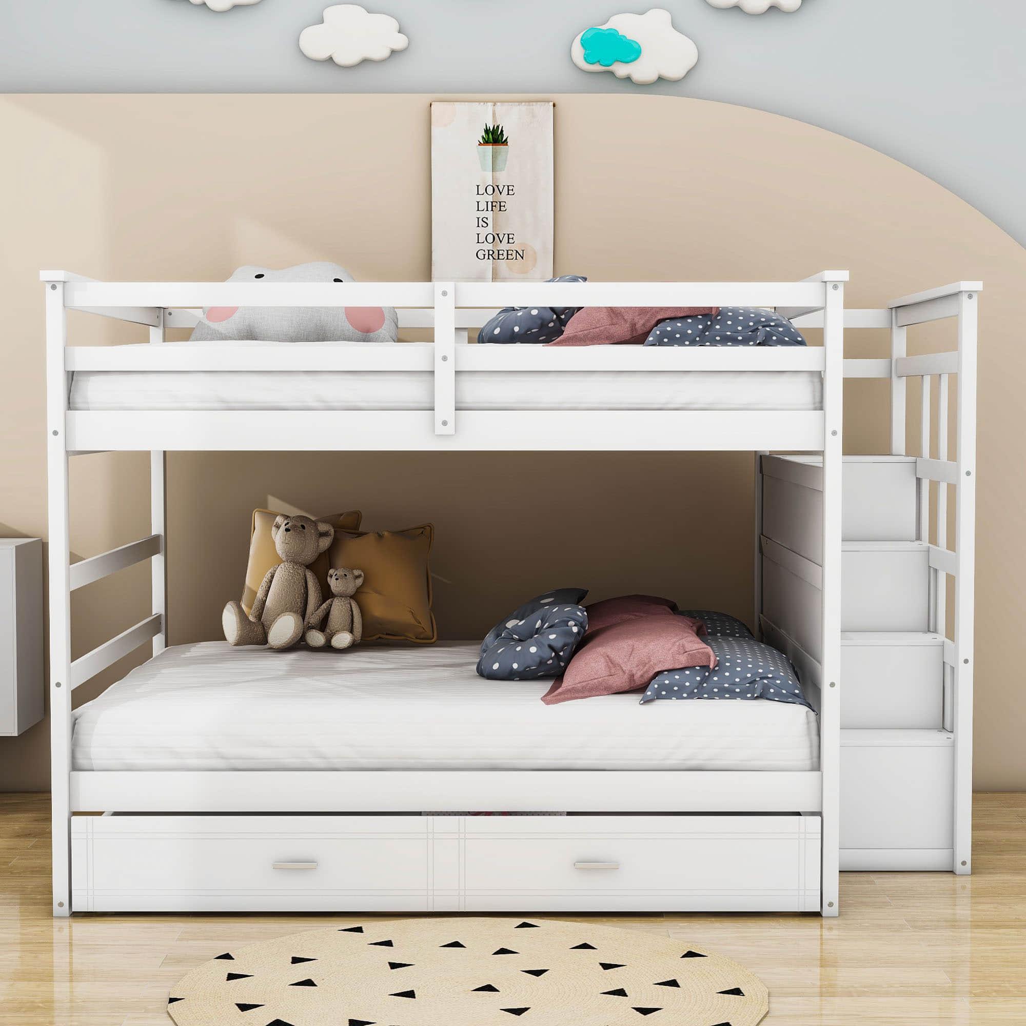 Full Size Bunk Beds with Stairs and Trundle, Storage for Kids, Adults