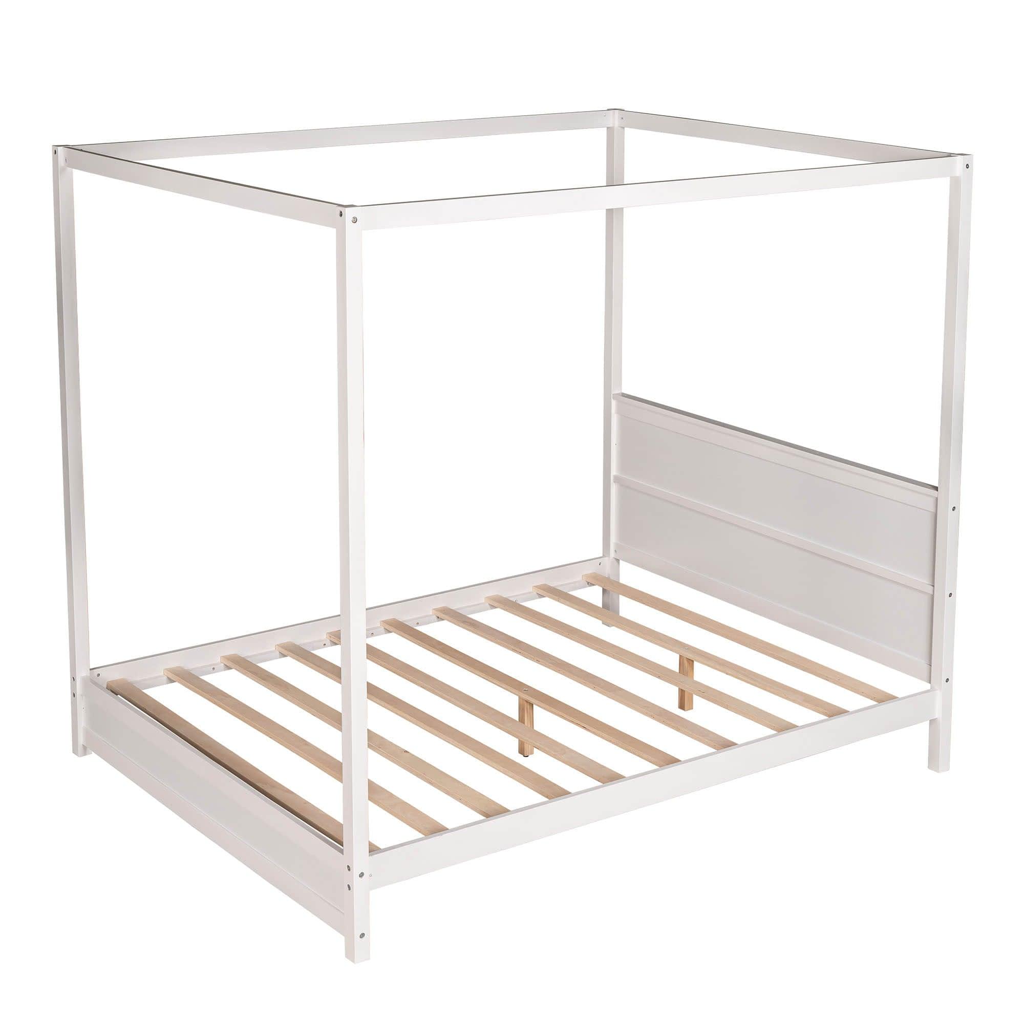 Wooden Modern Low Profile Queen Canopy Bed Frame with Headboard