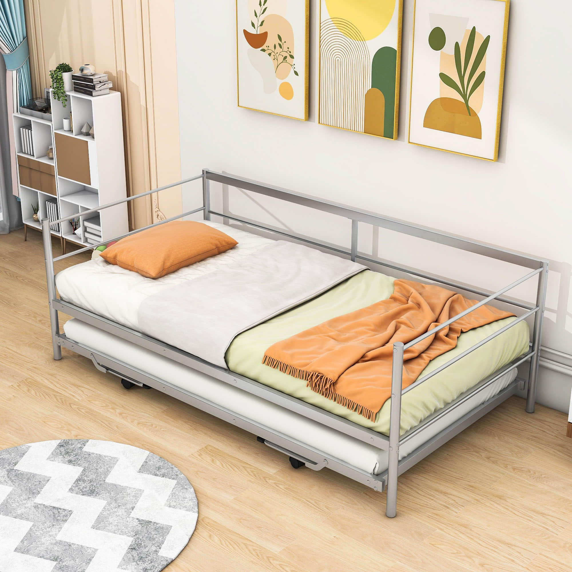 Convertible Metal Twin Daybed with Pop Up Trundle Bed