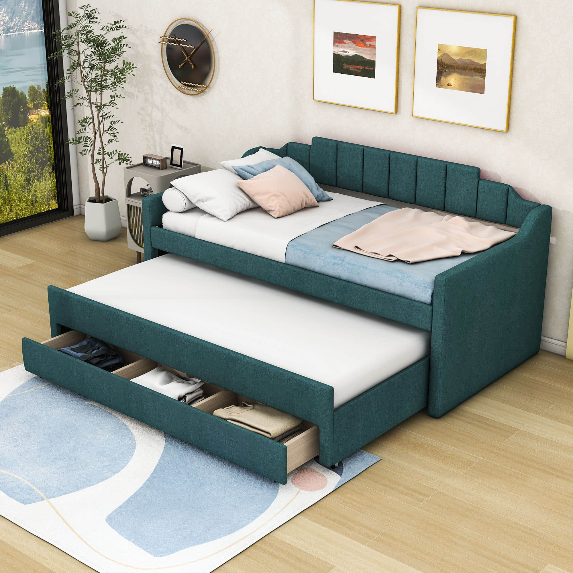 Twin Upholstered Daybed with Trundle and Storage - [Drawers, Linen]