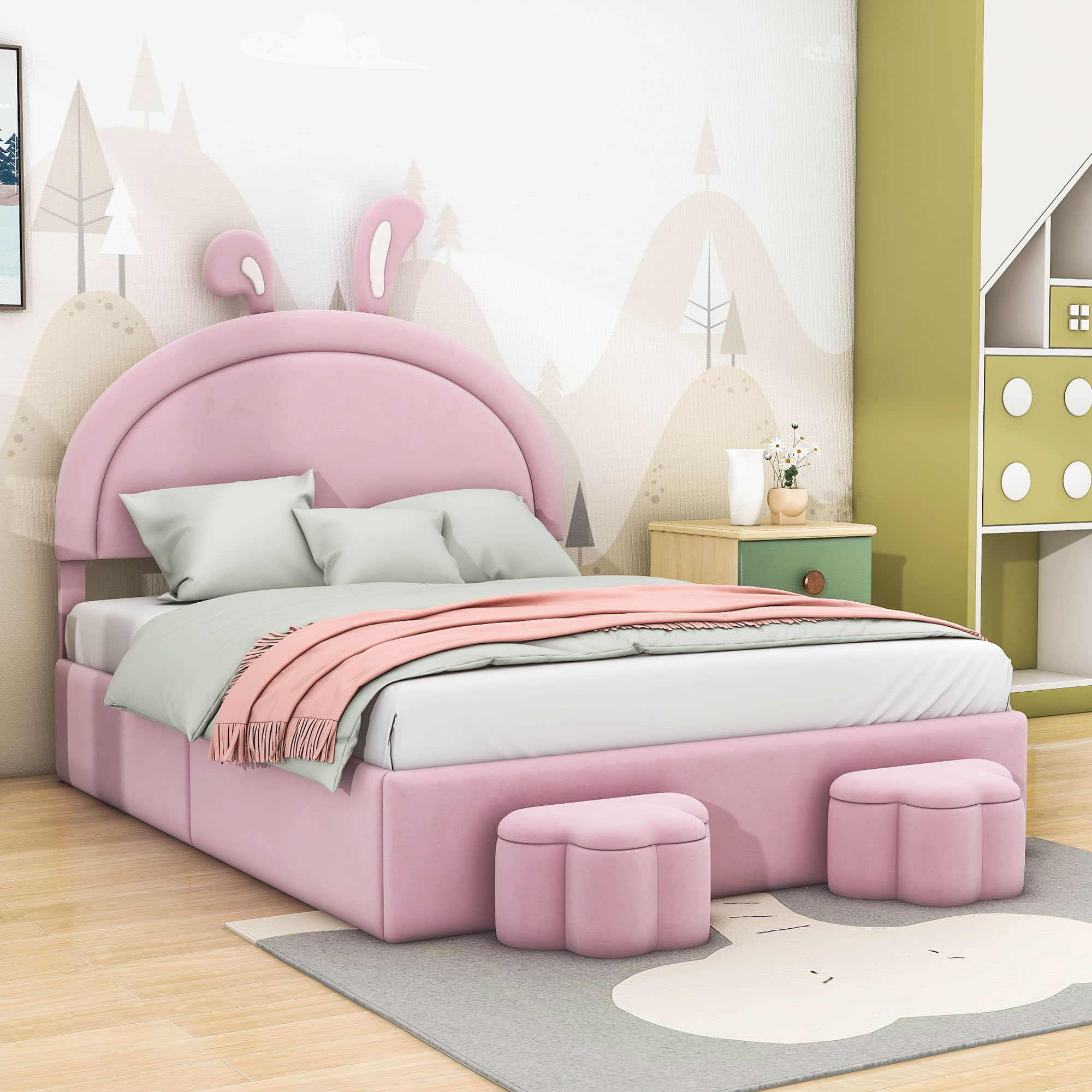 Full Size Velvet Upholstered Princess Platform Bed Frame with Headboard