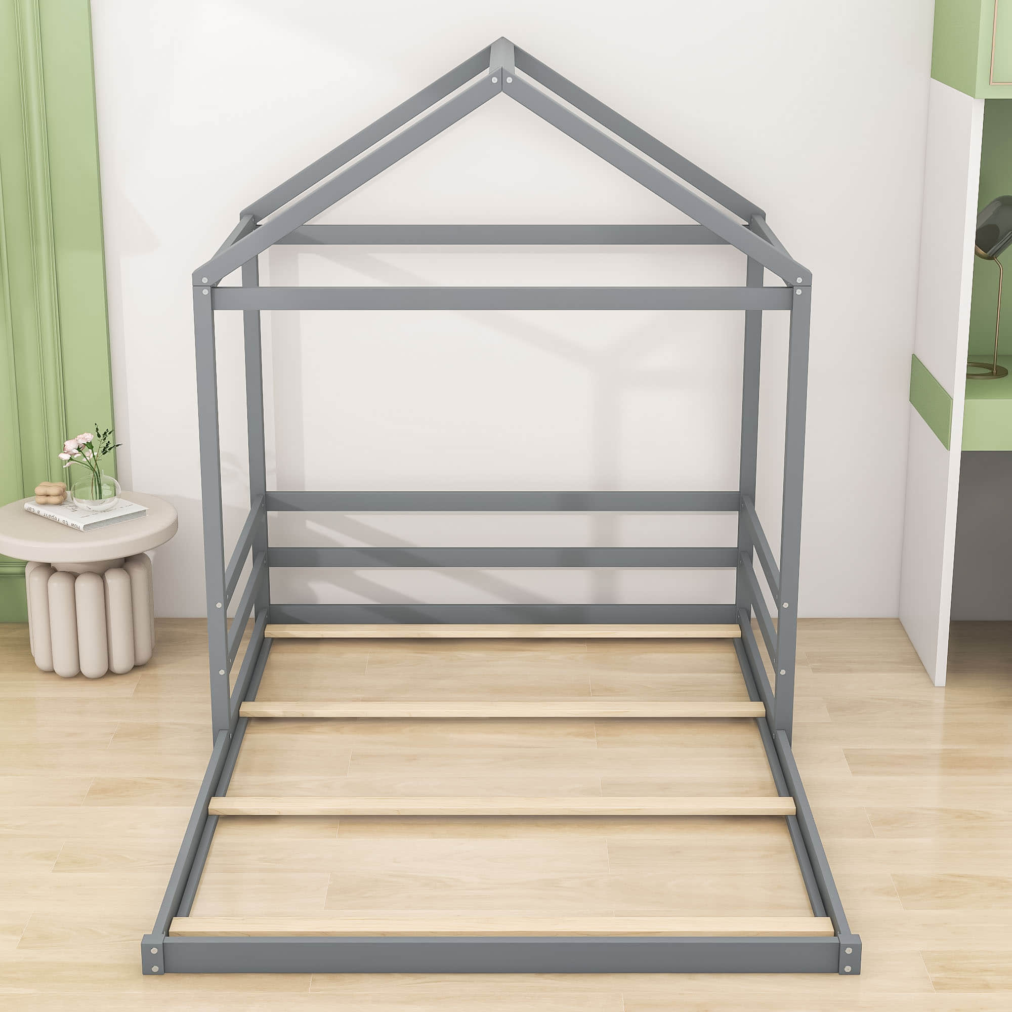 Wood House-Shaped Full Size Toddler Floor Bed with Rails