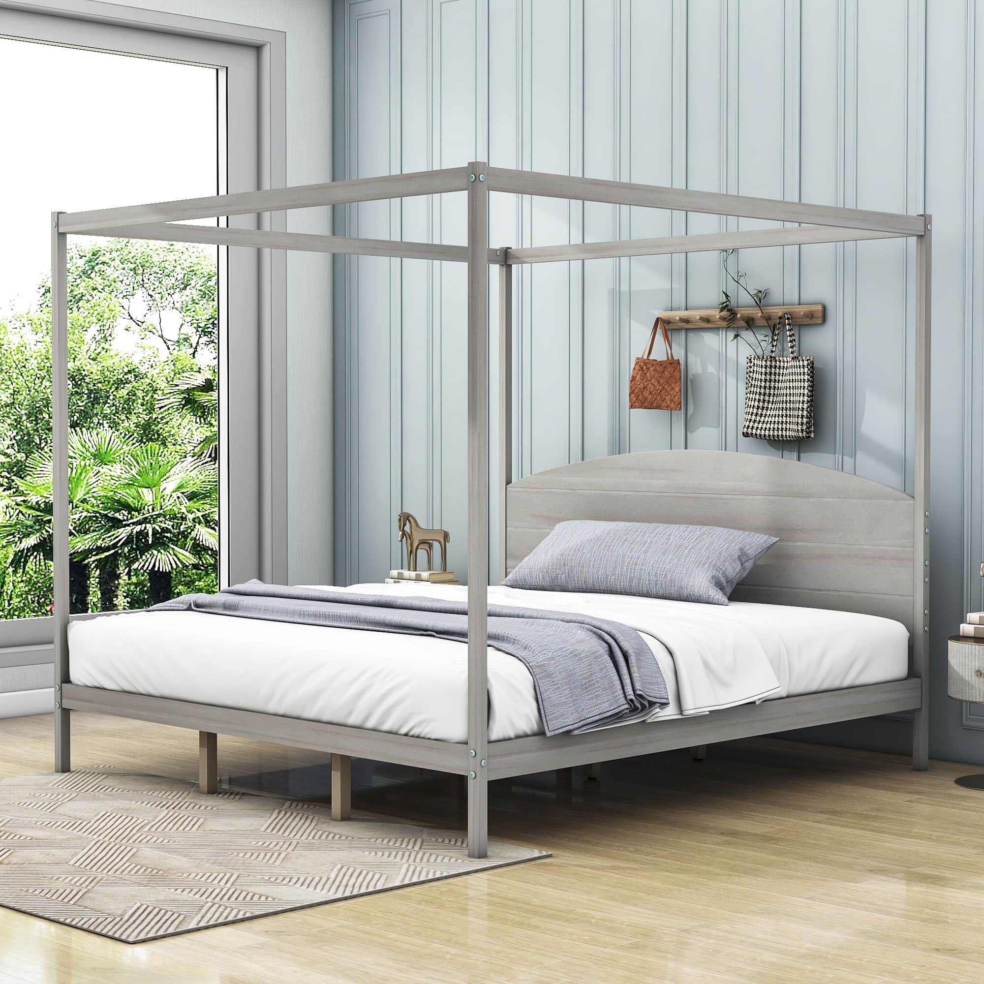 Rustic Wood King Size Canopy Bed Frame with Headboard for Adults