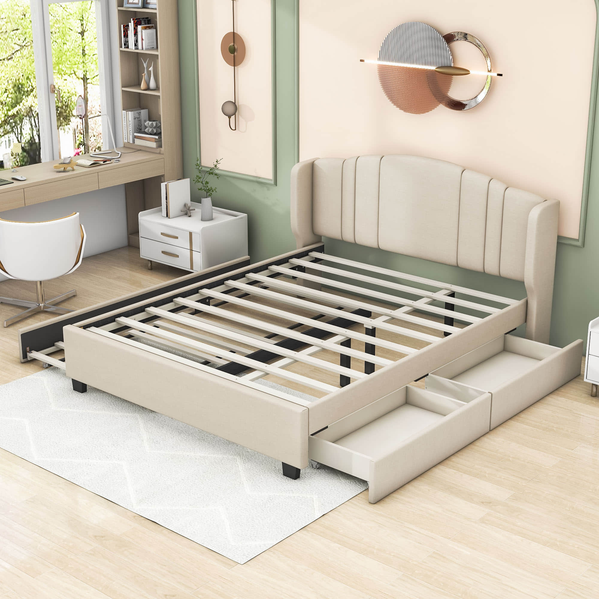 Modern Upholstered Queen Platform Bed Frame with Headboard and Storage