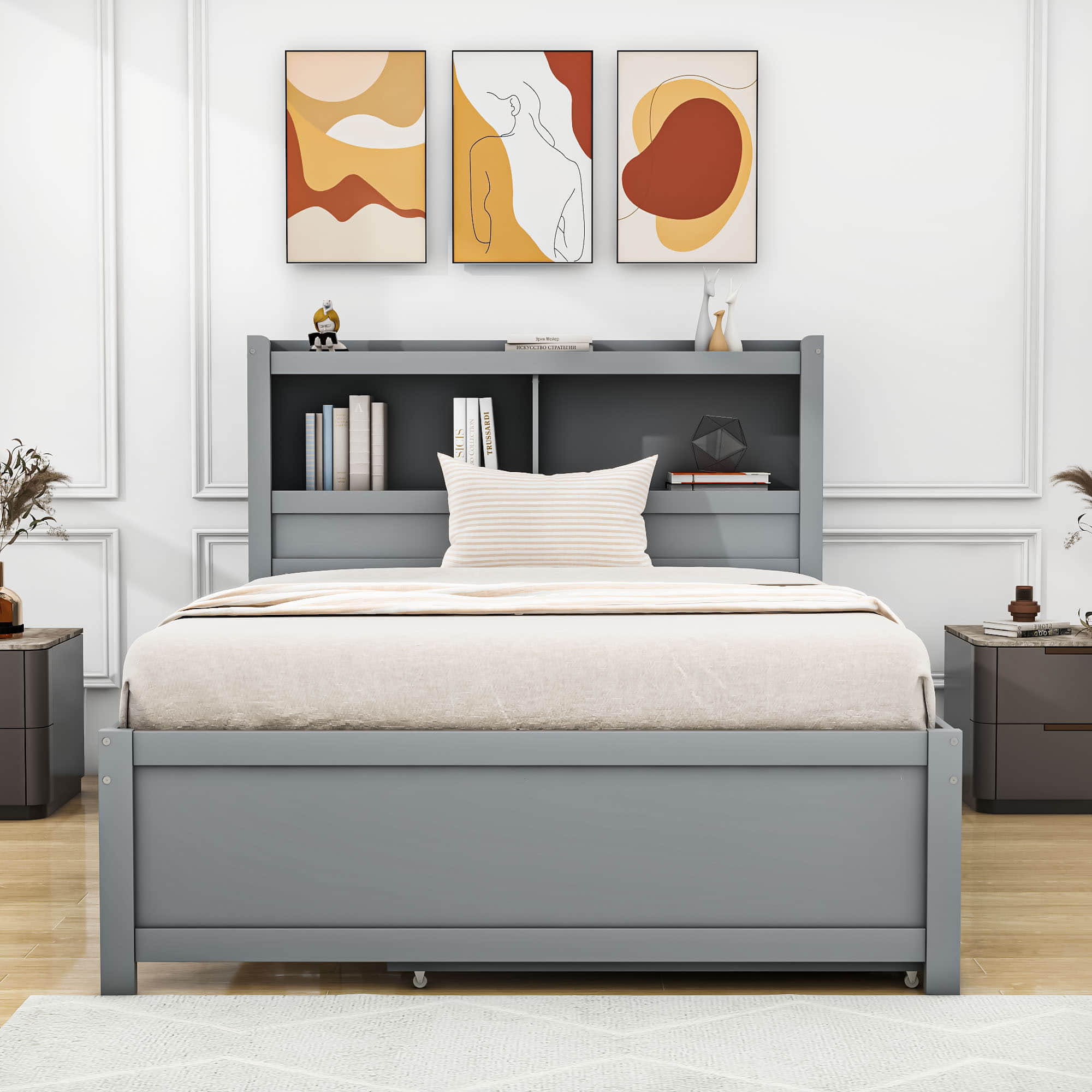 Full Platform Bed Frame with Twin Trundle and Storage Headboard, USB