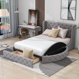 Upholstered Queen Platform Bed Frame with Wingback Headboard and Storage