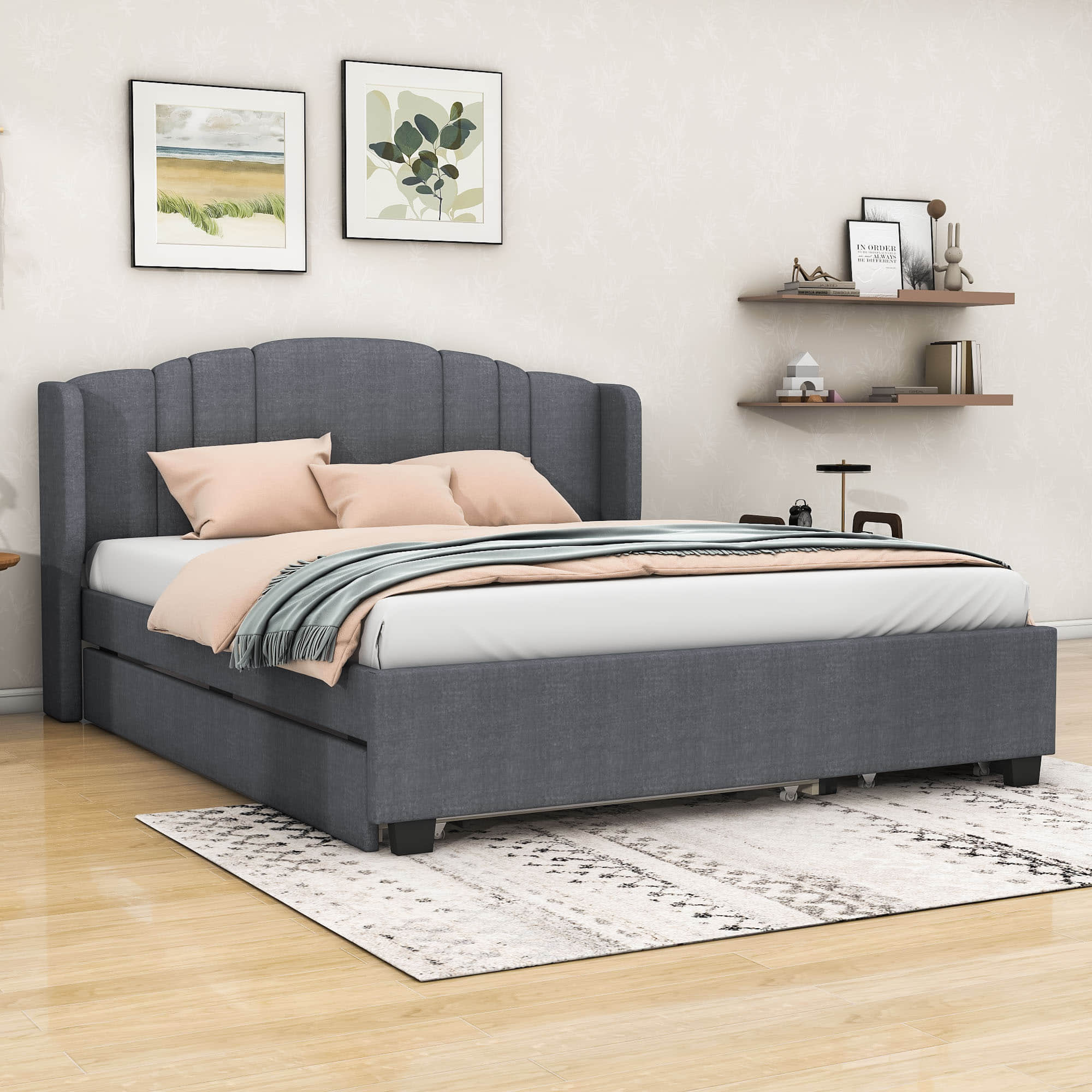 Modern Upholstered Queen Platform Bed Frame with Headboard and Storage