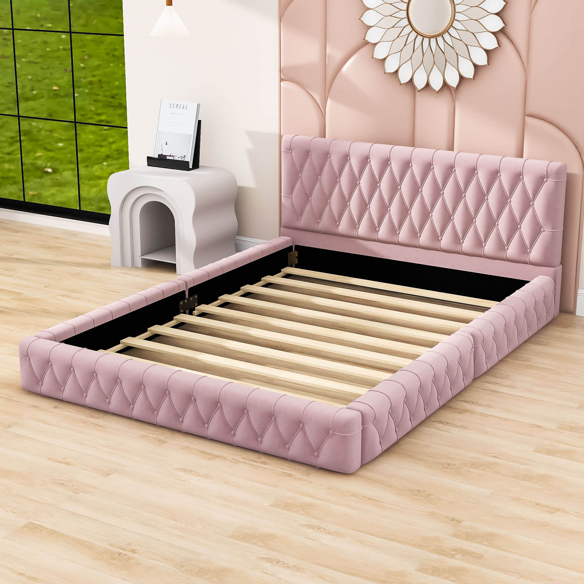 Modern Velvet Upholstered Queen Bed Frame with Tufted Headboard