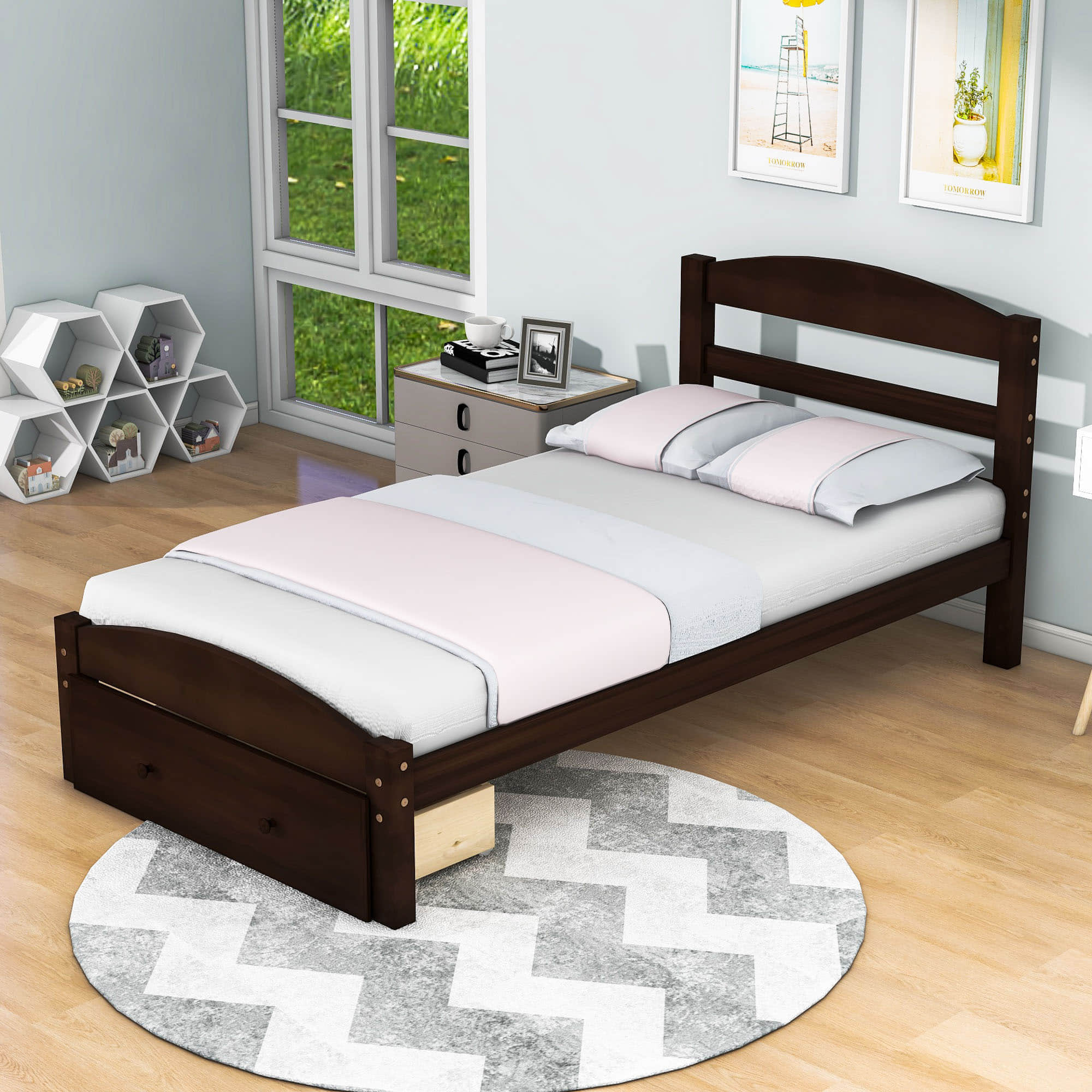 Wood Twin Bed Frame with Headboard and Storage Kids Bedroom Furniture