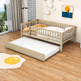 Wooden Twin Low Kids Bed with Twin Size Trundle and Rails