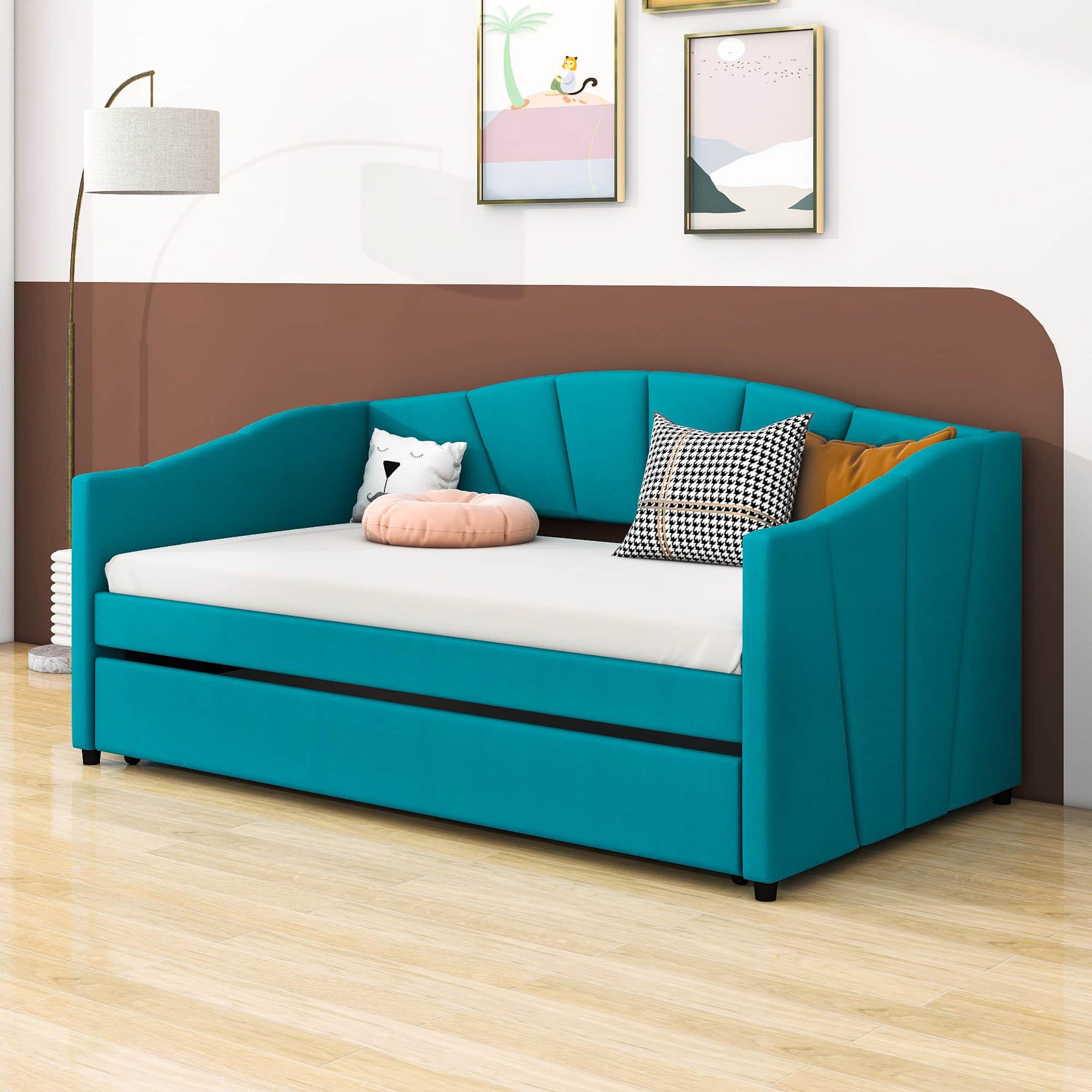 Velvet Upholstered Twin Daybed with Trundle Bed