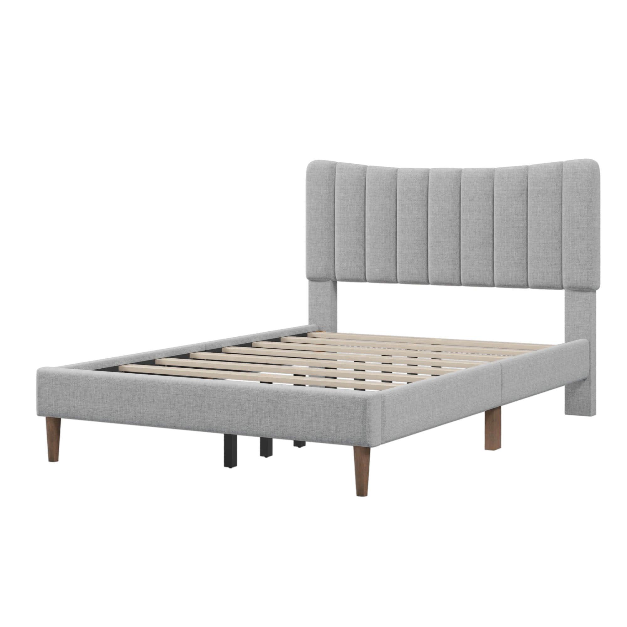 Full Size Linen Upholstered Platform Low Bed Frame with Headboard