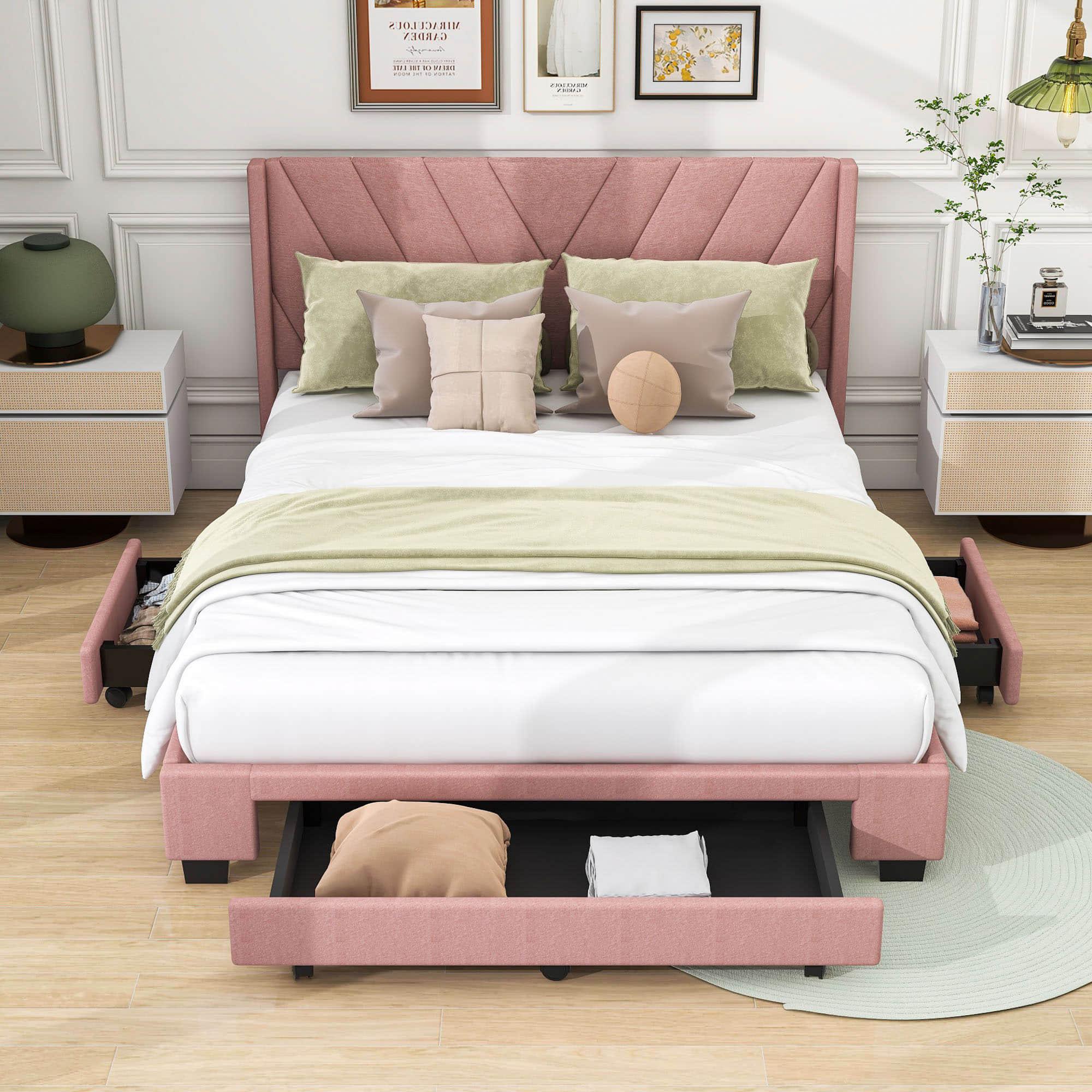 Queen Size Upholstered Platform Bed with Storage and Headboard - [Drawers, Linen]