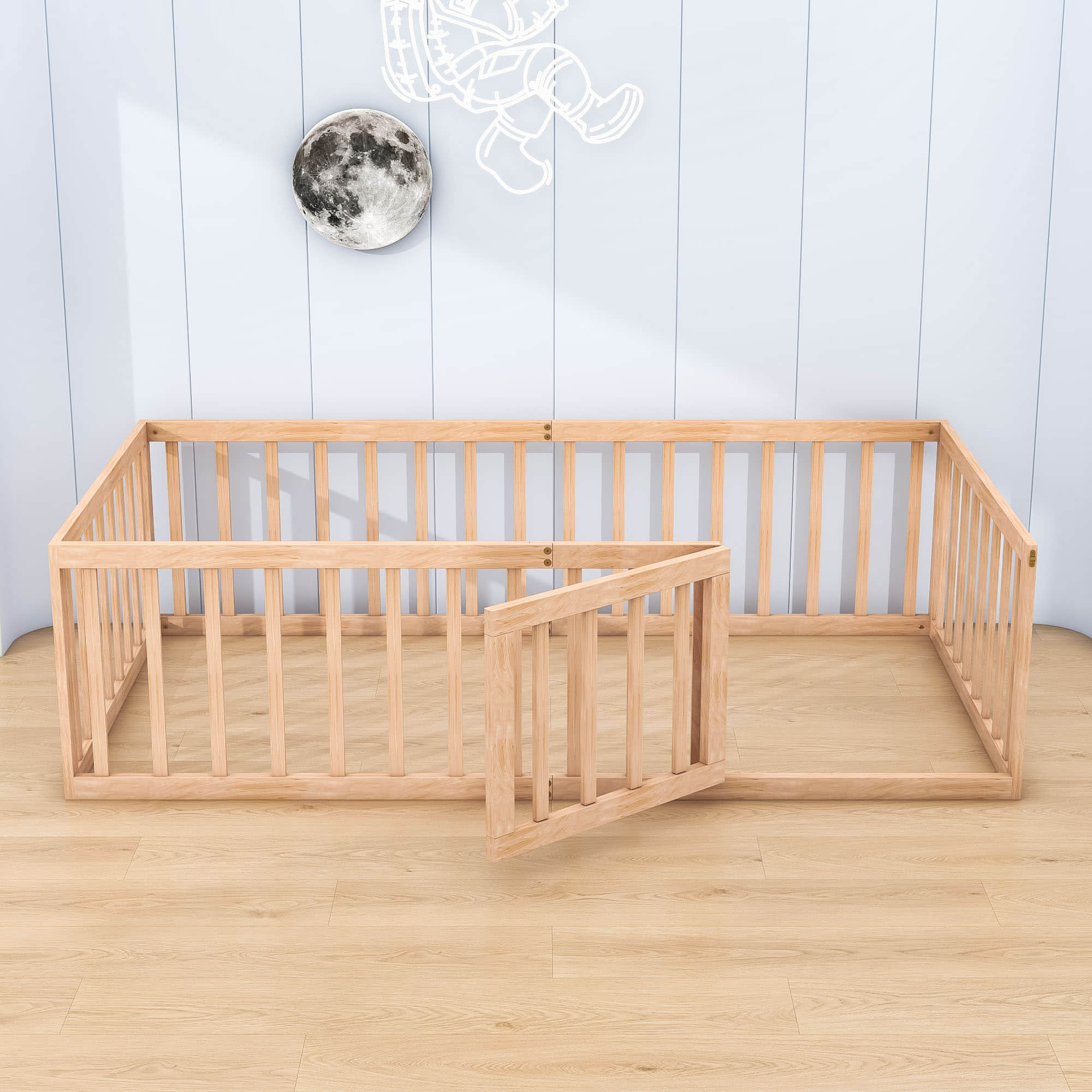 Wood Twin Size Montessori Toddler Floor Bed Frame with Rails and Door