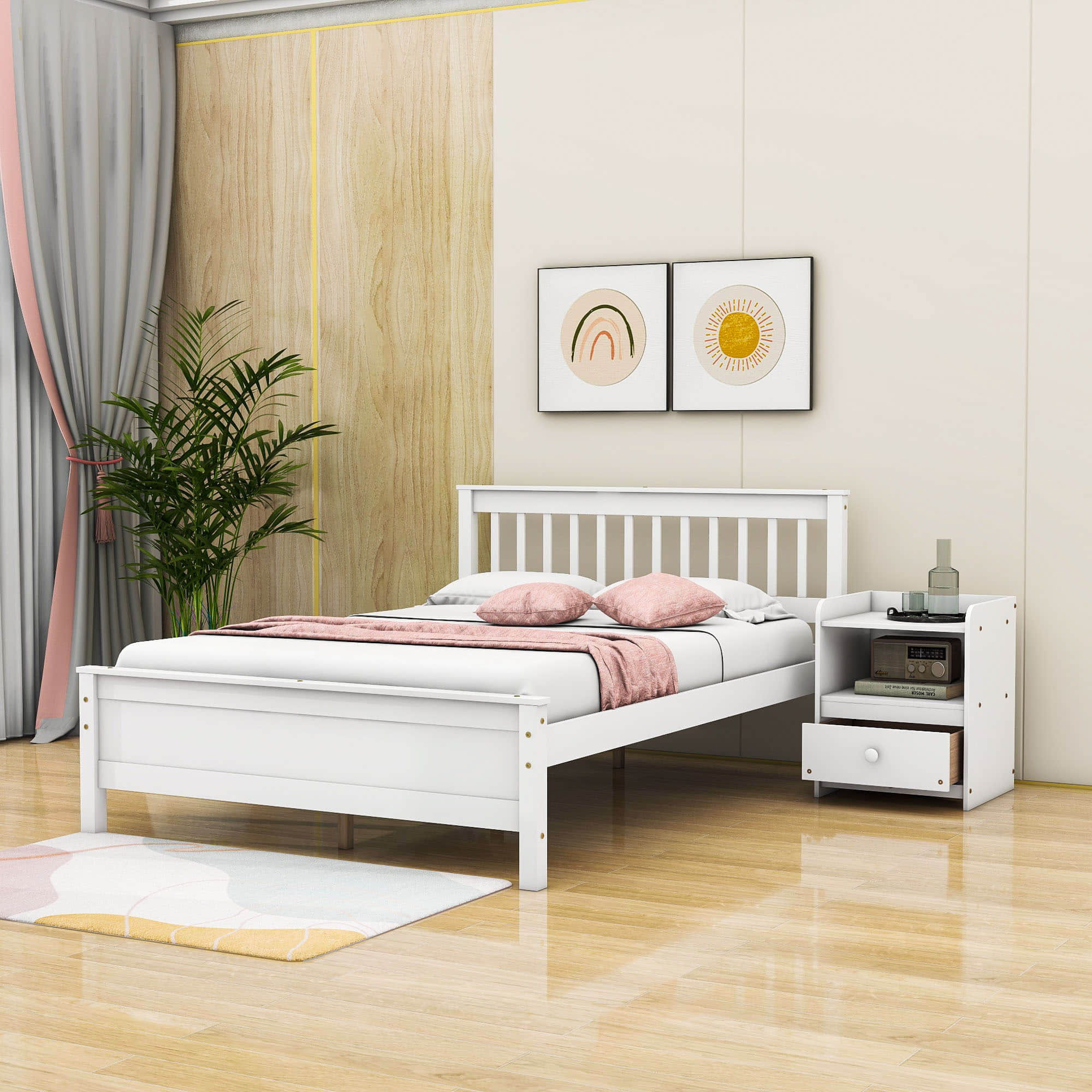 2 Pieces Full Size Platform Bed Frame with Nightstand Bedroom Set