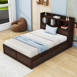 Full Platform Bed Frame with Twin Trundle Bed and Storage Headboard