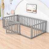 Wood Twin Size Montessori Toddler Floor Bed Frame with Rails and Door