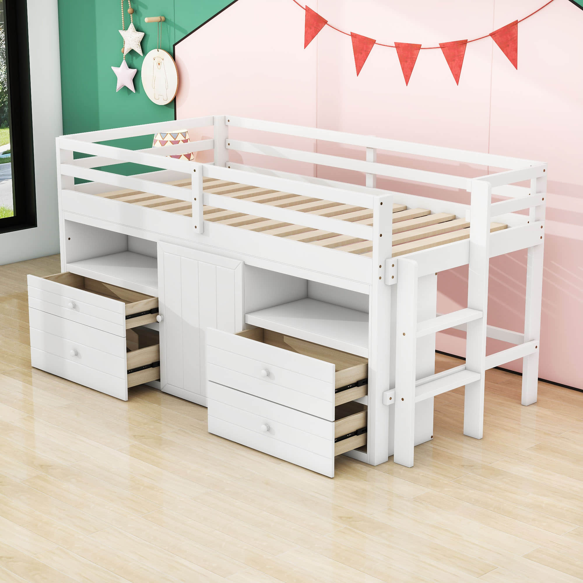 Low Twin Loft Bed Frame with Storage for Kids - [Drawers, Cabinet, Shelves]