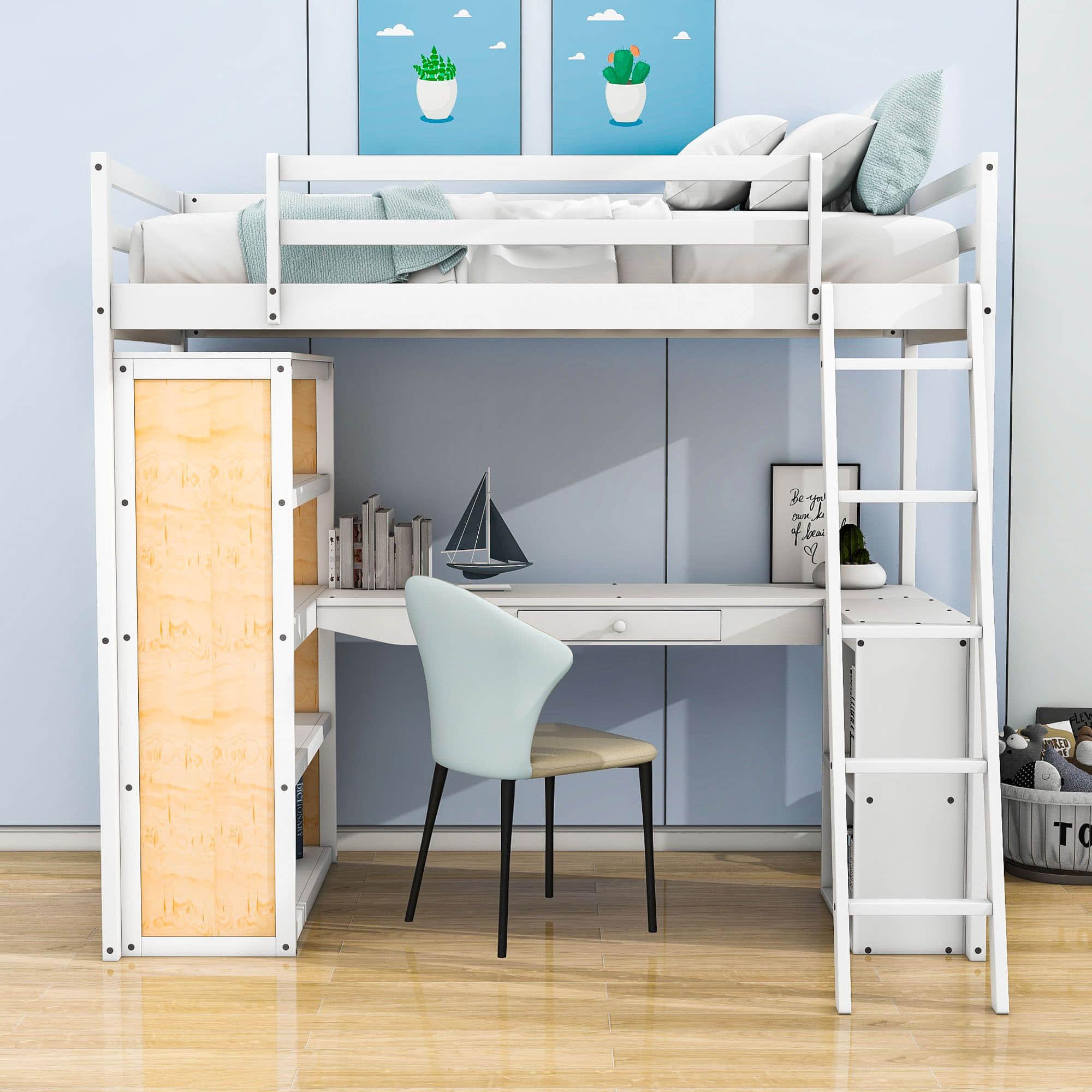 Twin Loft Bed with Desk and Storage Shelves for Adults, Teens