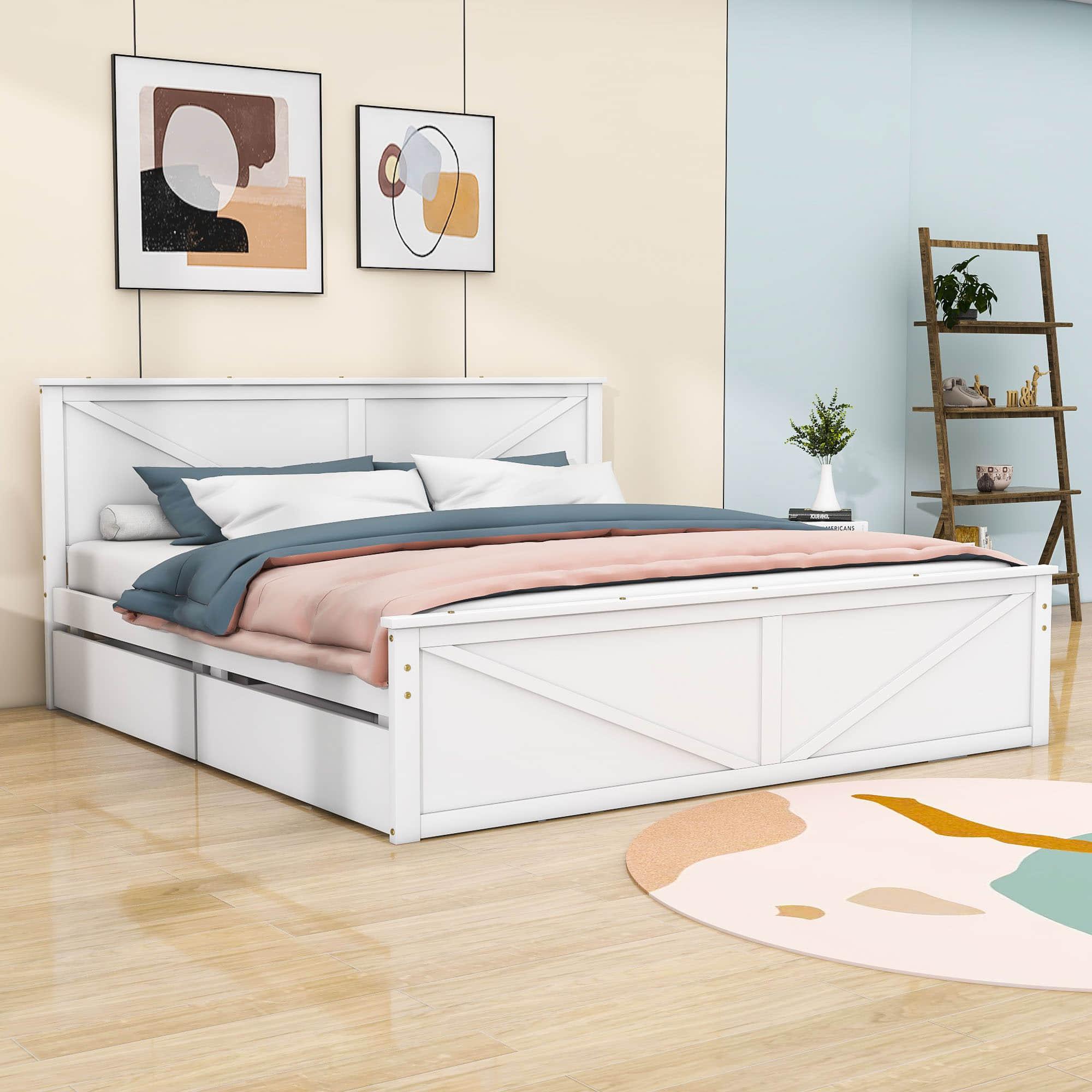 Wooden King Size Platform Bed with Storage and Headboard - [Drawers]