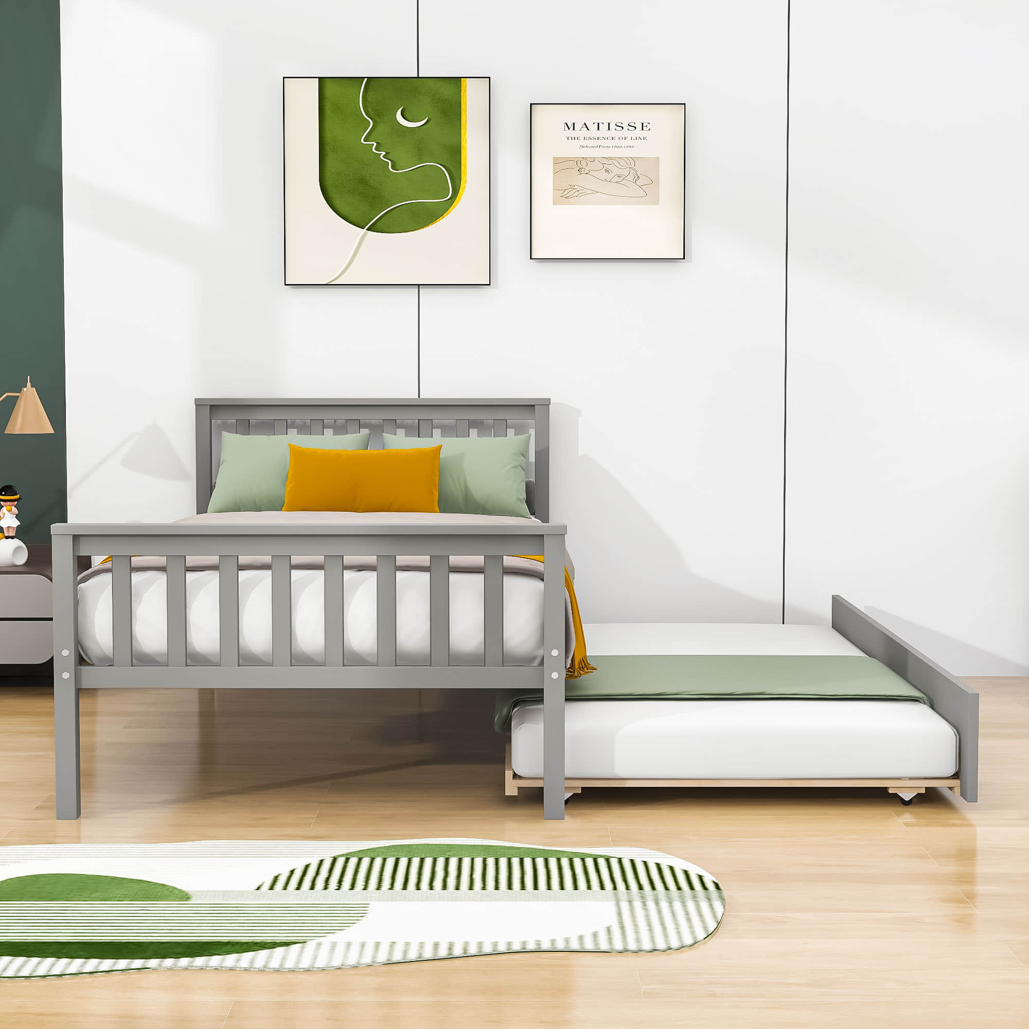 Twin Platform Bed Frame with Twin Trundle and Headboard - [Wooden, Footboard]