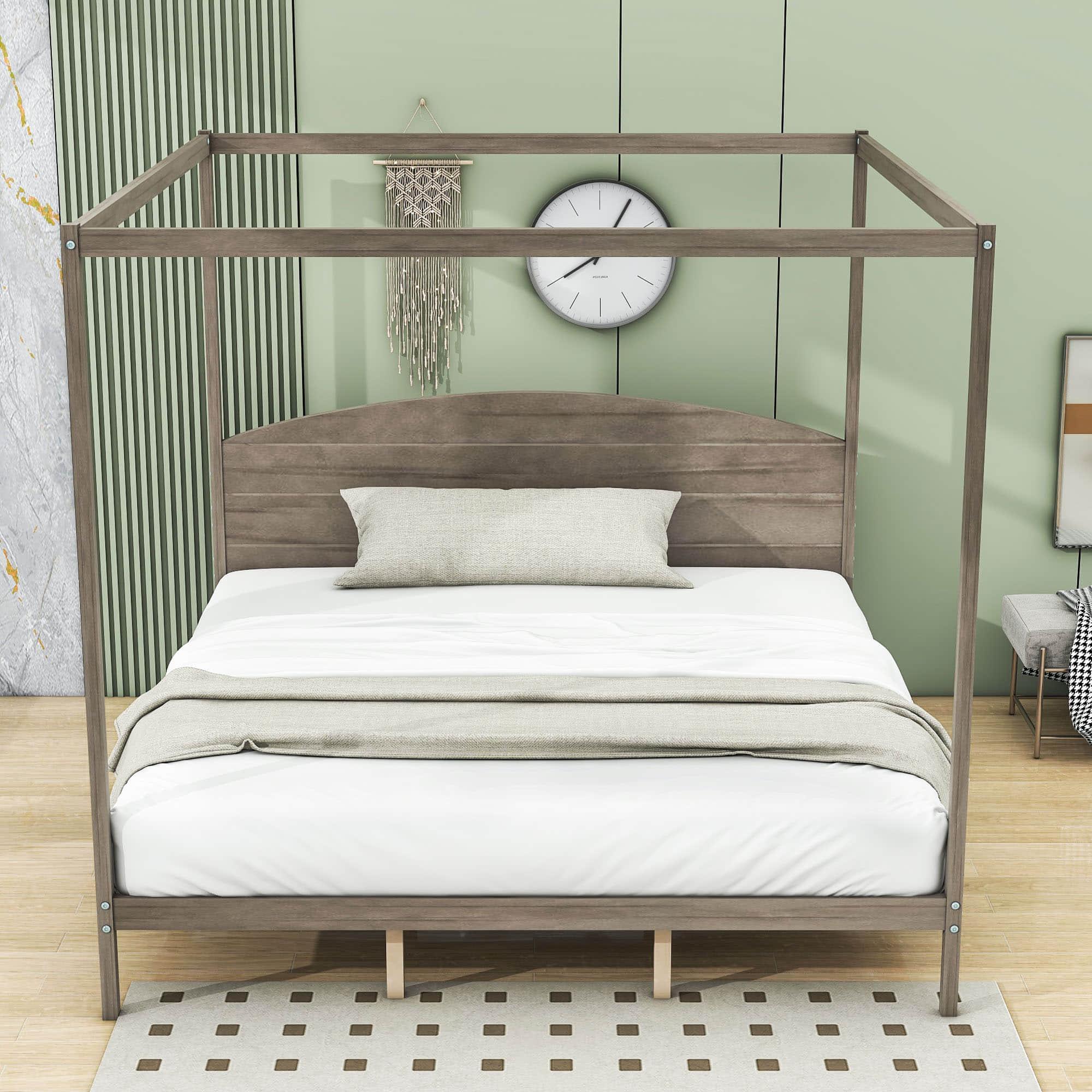 Rustic Wood King Size Canopy Bed Frame with Headboard for Adults