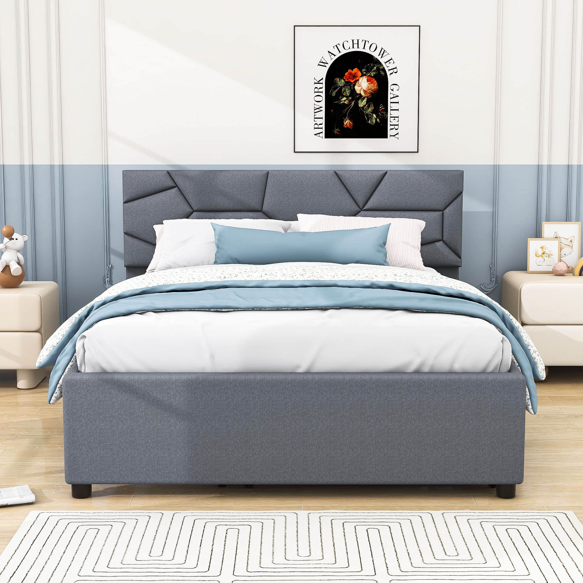 Queen Upholstered Platform Bed Frame with Headboard, Twin XL Trundle Bed