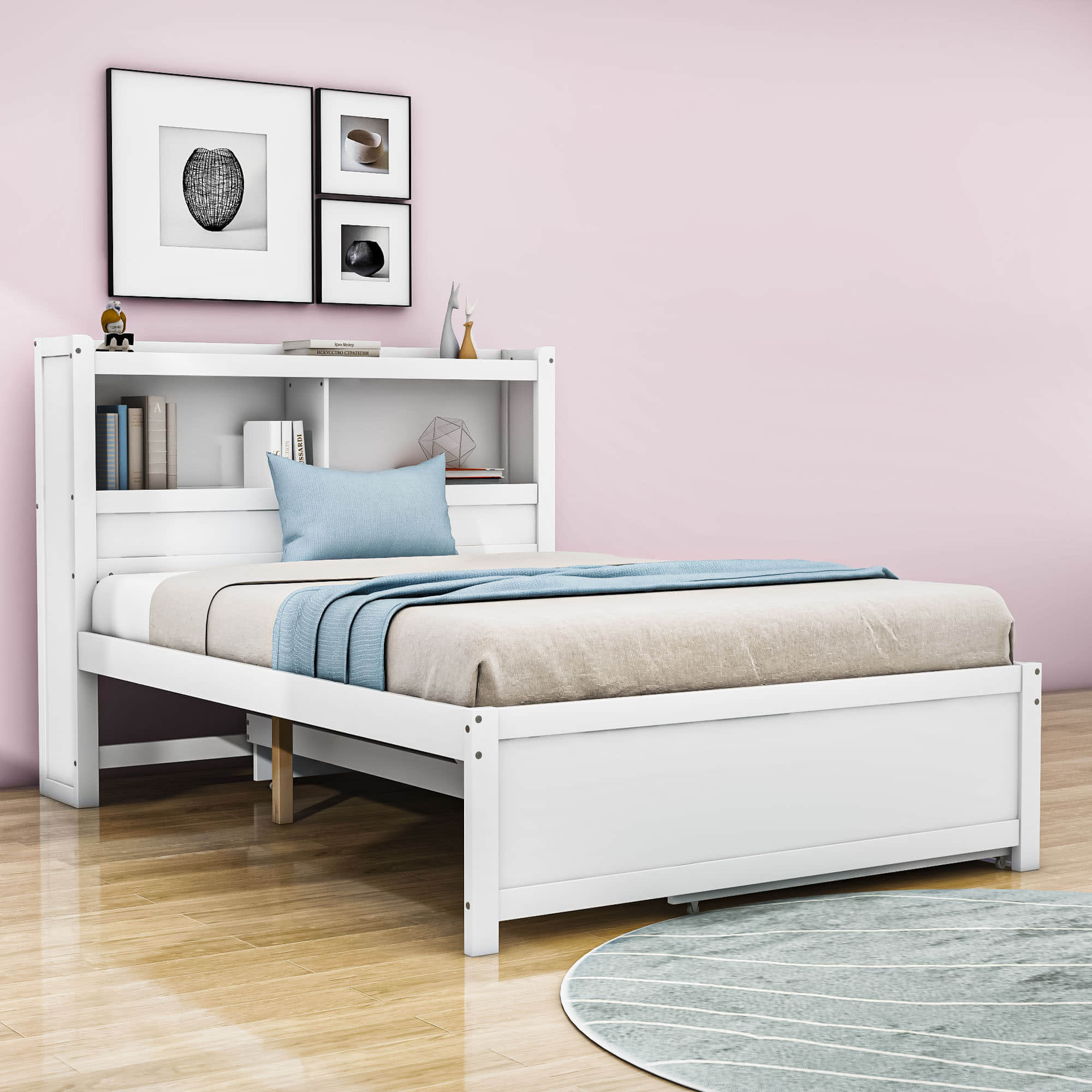 Full Platform Bed Frame with Twin Trundle and Storage Headboard, USB