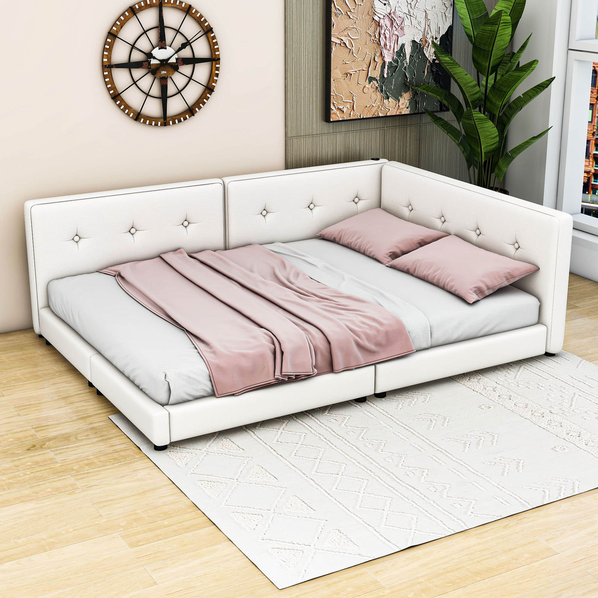 Smart Modern Low Profile Upholstered Queen Daybed with USB Ports