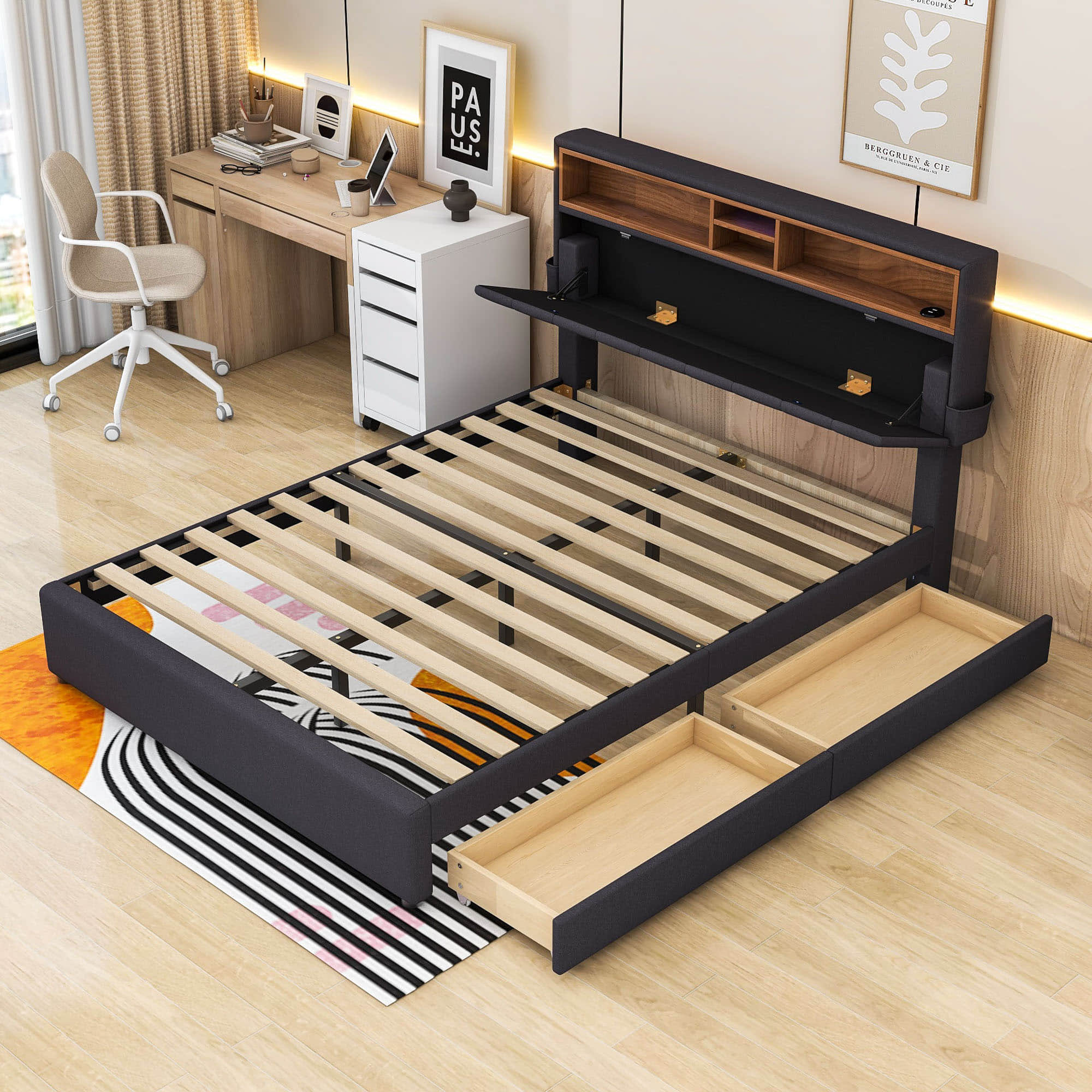 Modern Smart Queen Upholstered Bed Frame with Storage Headboard, LED Lights