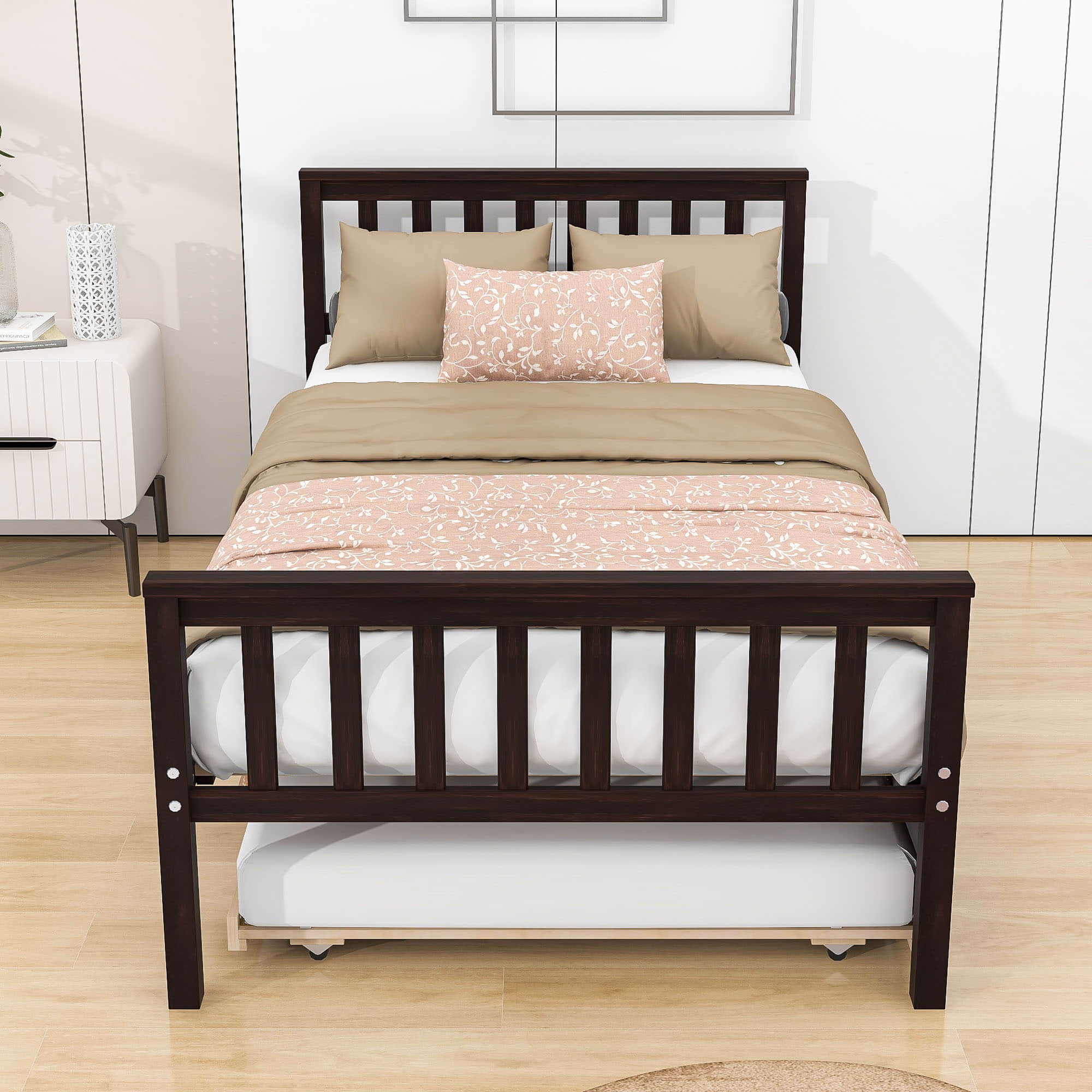 Twin Platform Bed Frame with Twin Trundle and Headboard - [Wooden, Footboard]