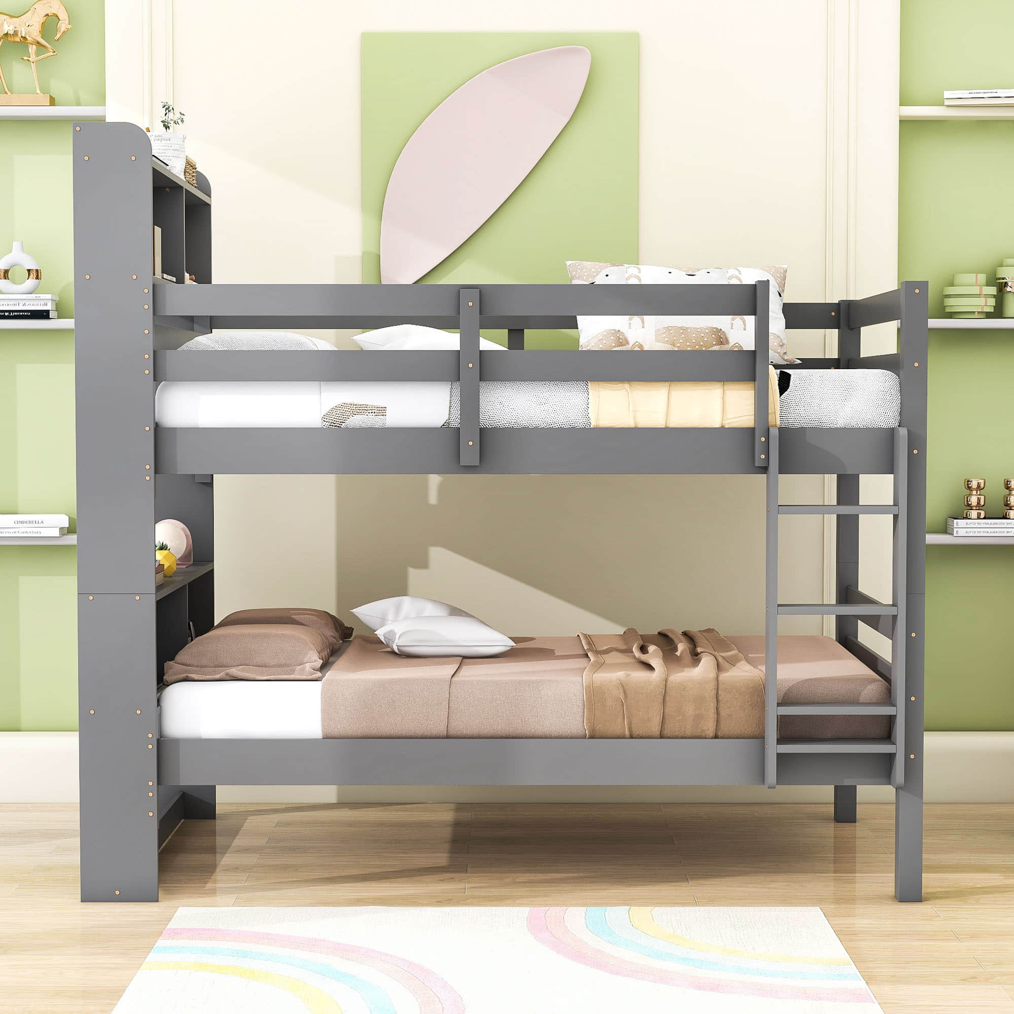 Solid Wood Convertible Twin Over Twin Bunk Beds with Bookcase Headboard