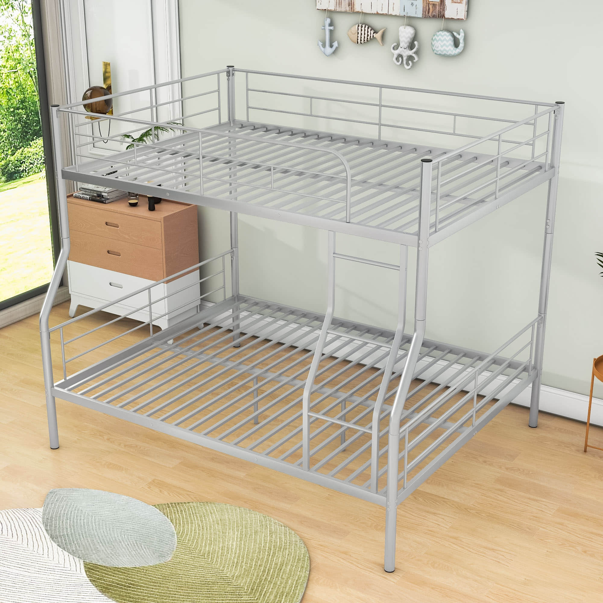 Full XL Over Queen Convertible Metal Bunk Beds for Adults, Kids