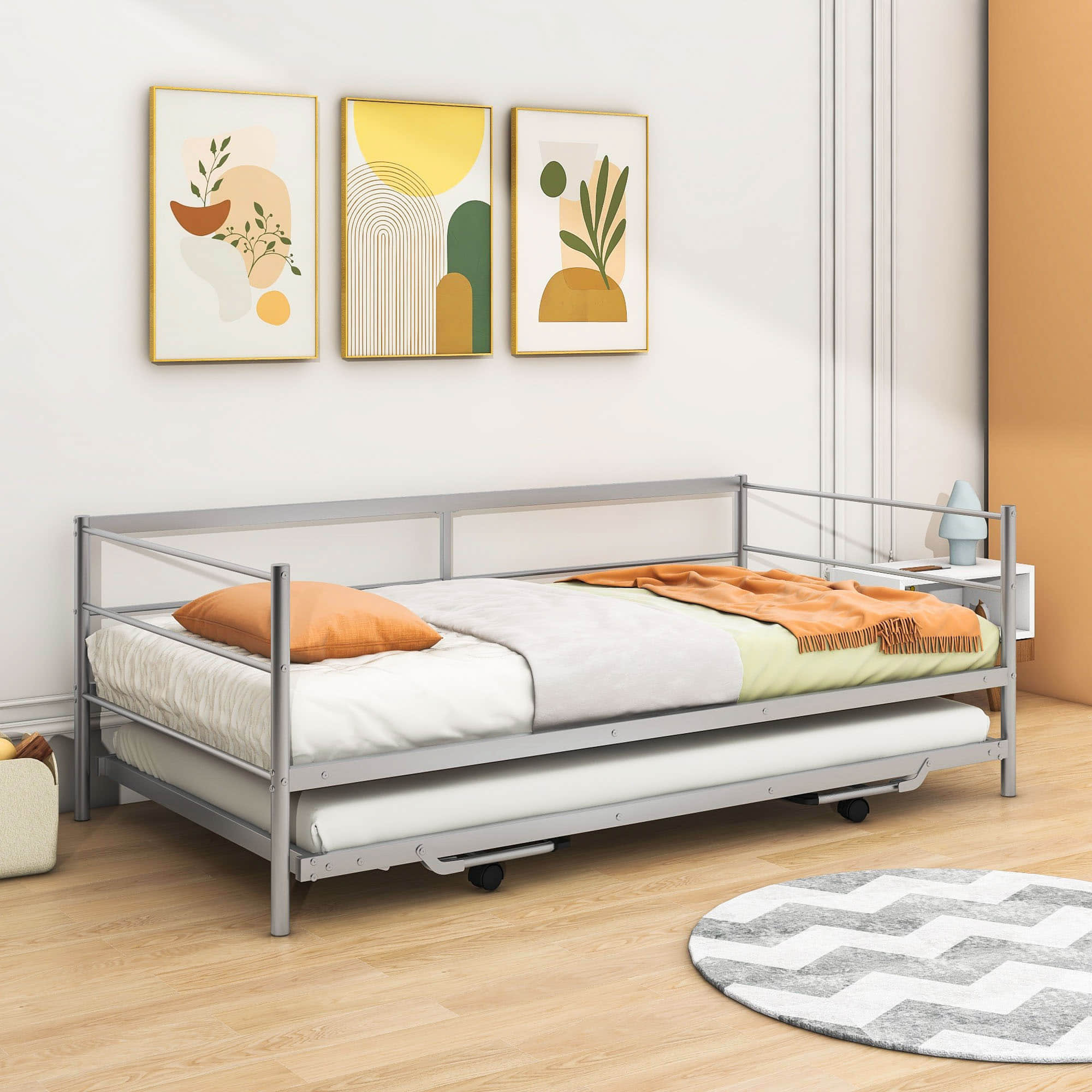 Convertible Metal Twin Daybed with Pop Up Trundle Bed