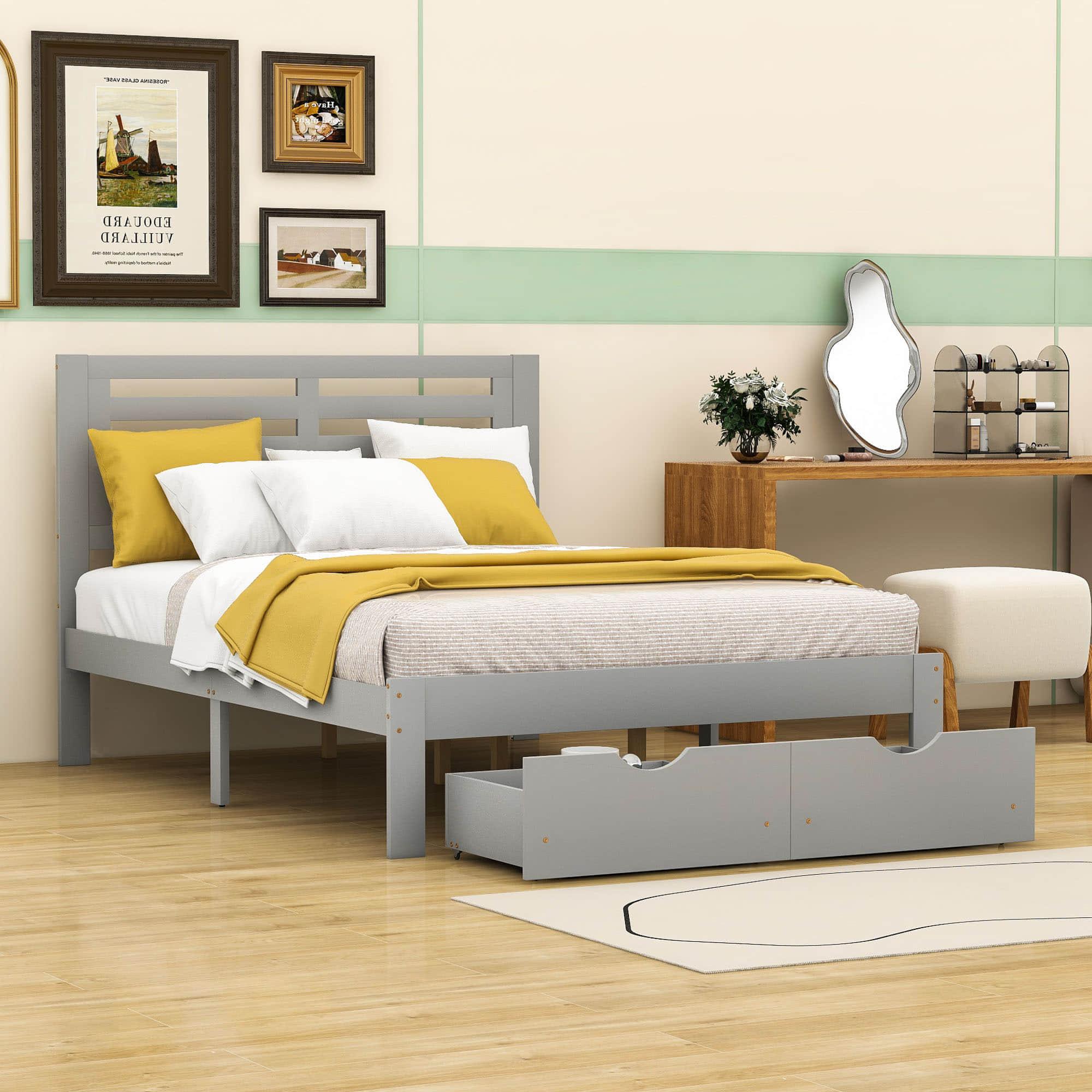 Wood Full Size Platform Bed Frame with Headboard and Storage